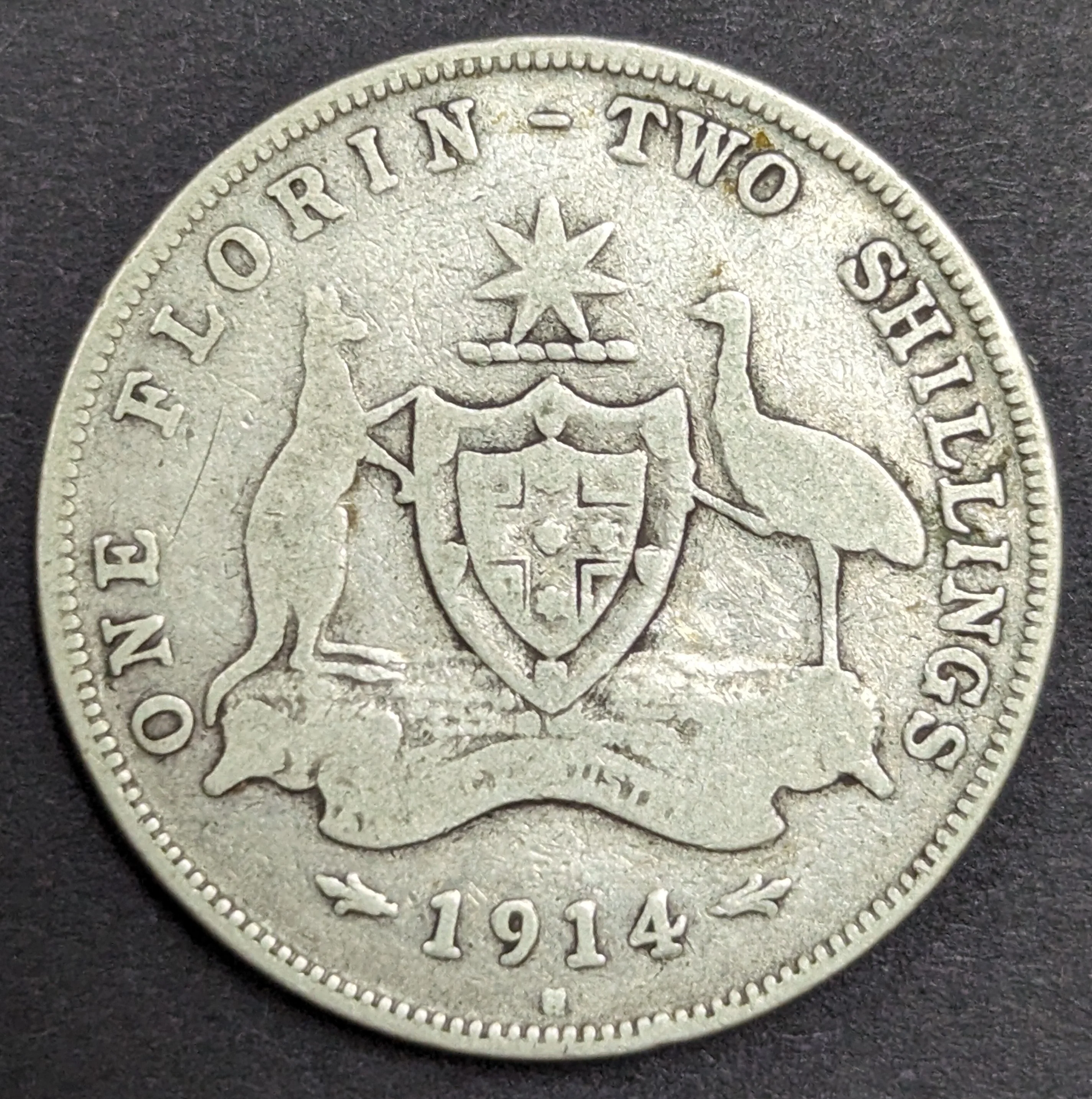 Australia 1914H 2/- Florin Silver Coin Good Condition
