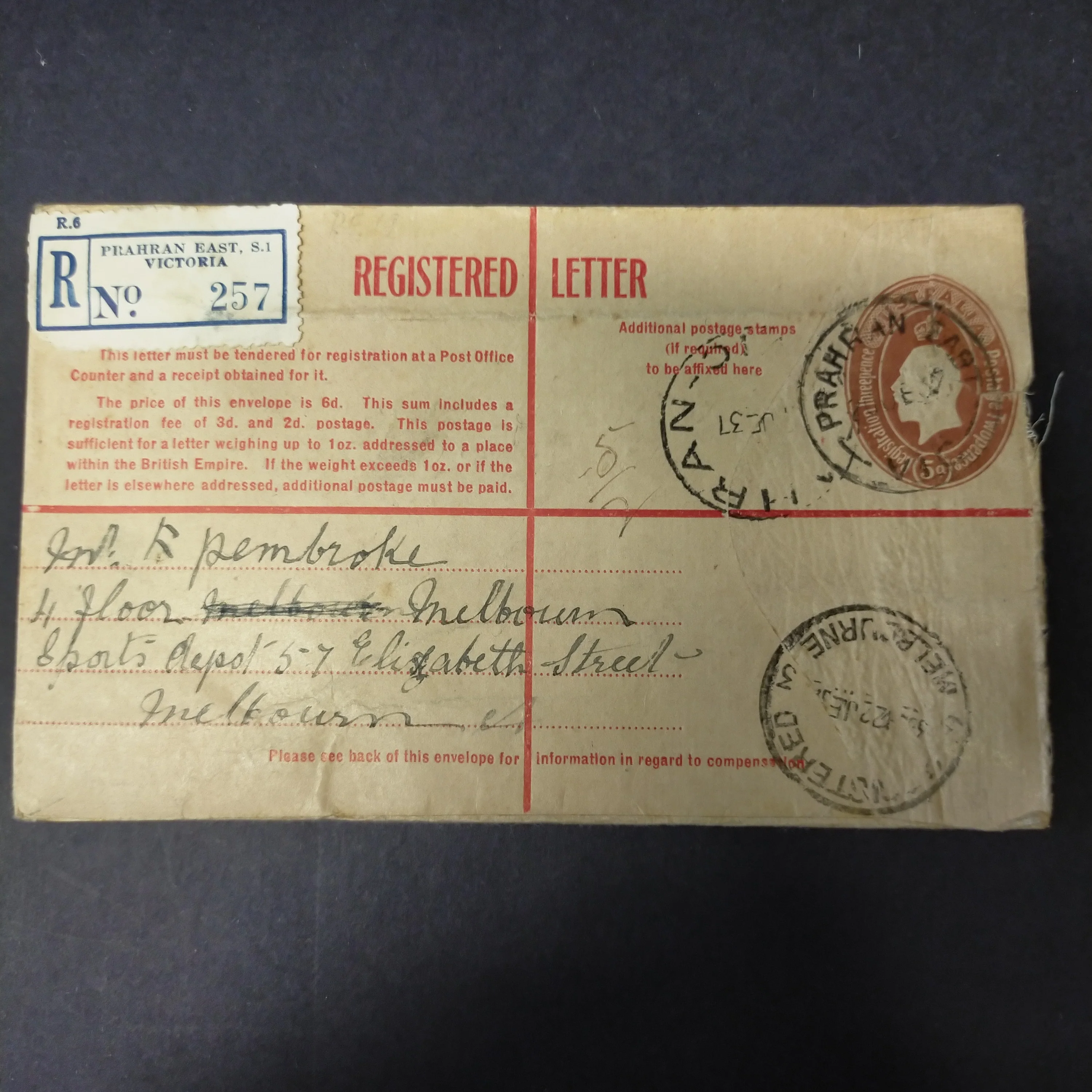 Australia 5d KGV Oval Embossed Registered Envelope from Prahran East to Melbourne 1937