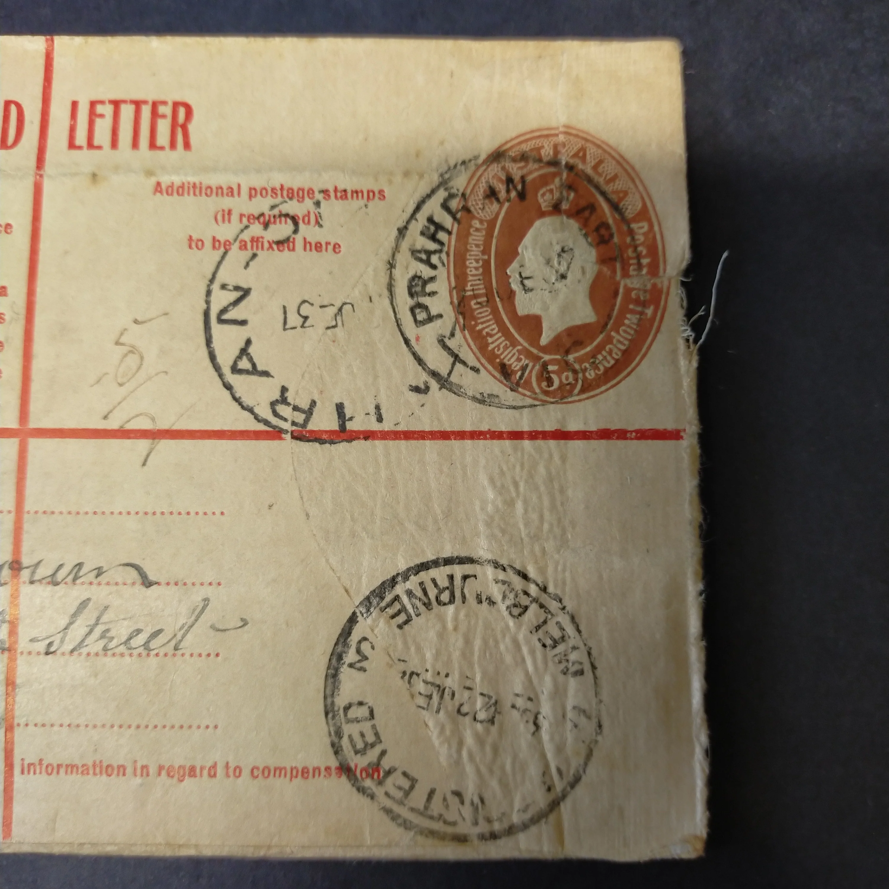Australia 5d KGV Oval Embossed Registered Envelope from Prahran East to Melbourne 1937 - Image 3