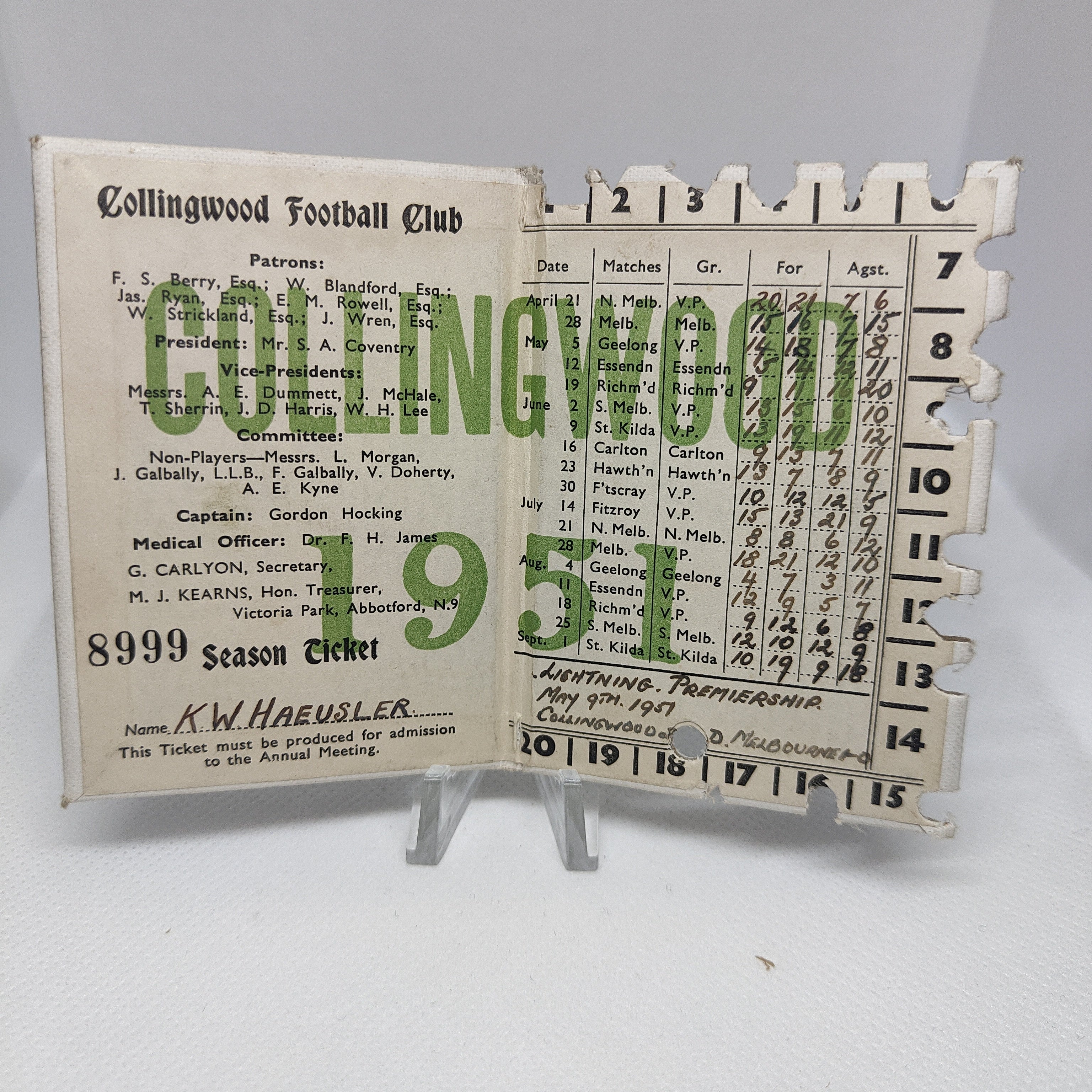 VFL 1951 Collingwood Football Club Members Season Ticket - Image 2