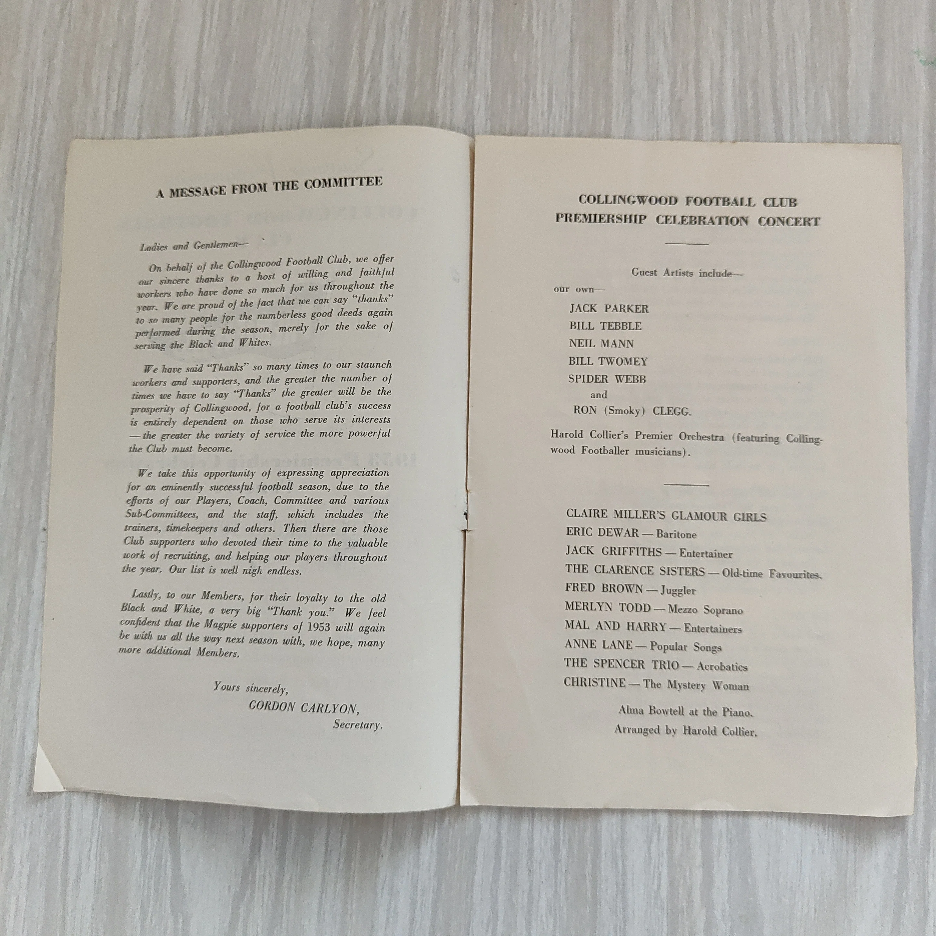 1953 October 29 Collingwood Football Club Premiership Celebration Concert Souvenir Programme - Image 2