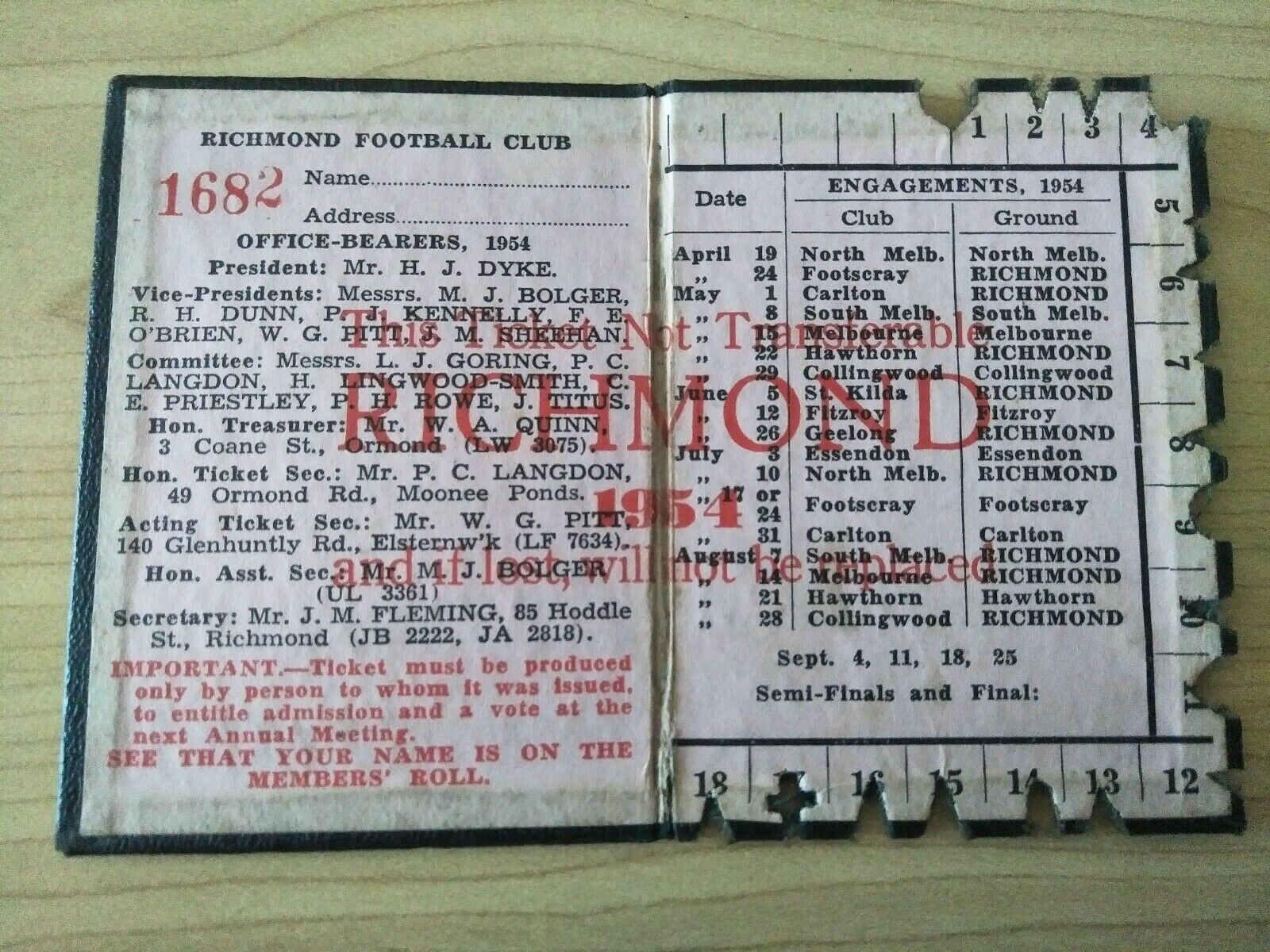 VFL 1954 Richmond Football Club Membership Season Ticket No. 1682 - Image 2