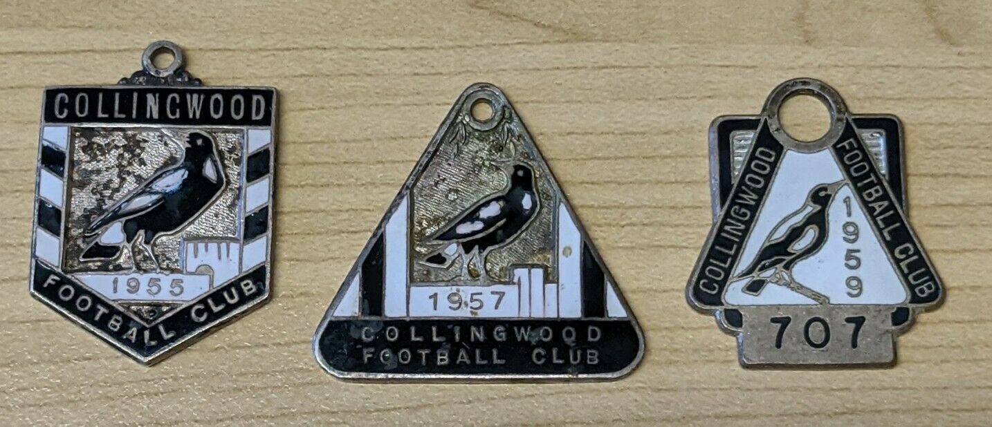 VFL 1955, 1957 and 1959 Collingwood Football Club Membership Badges all to same member number 707
