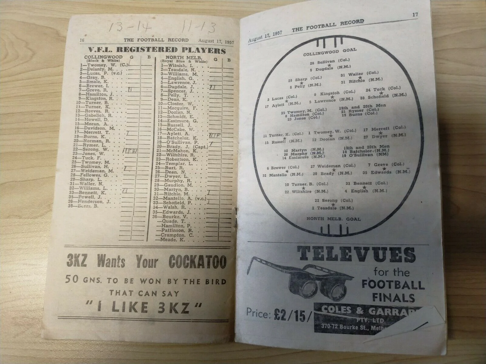 VFL 1957 August 17 Football Record Collingwood v North Melbourne - Image 2