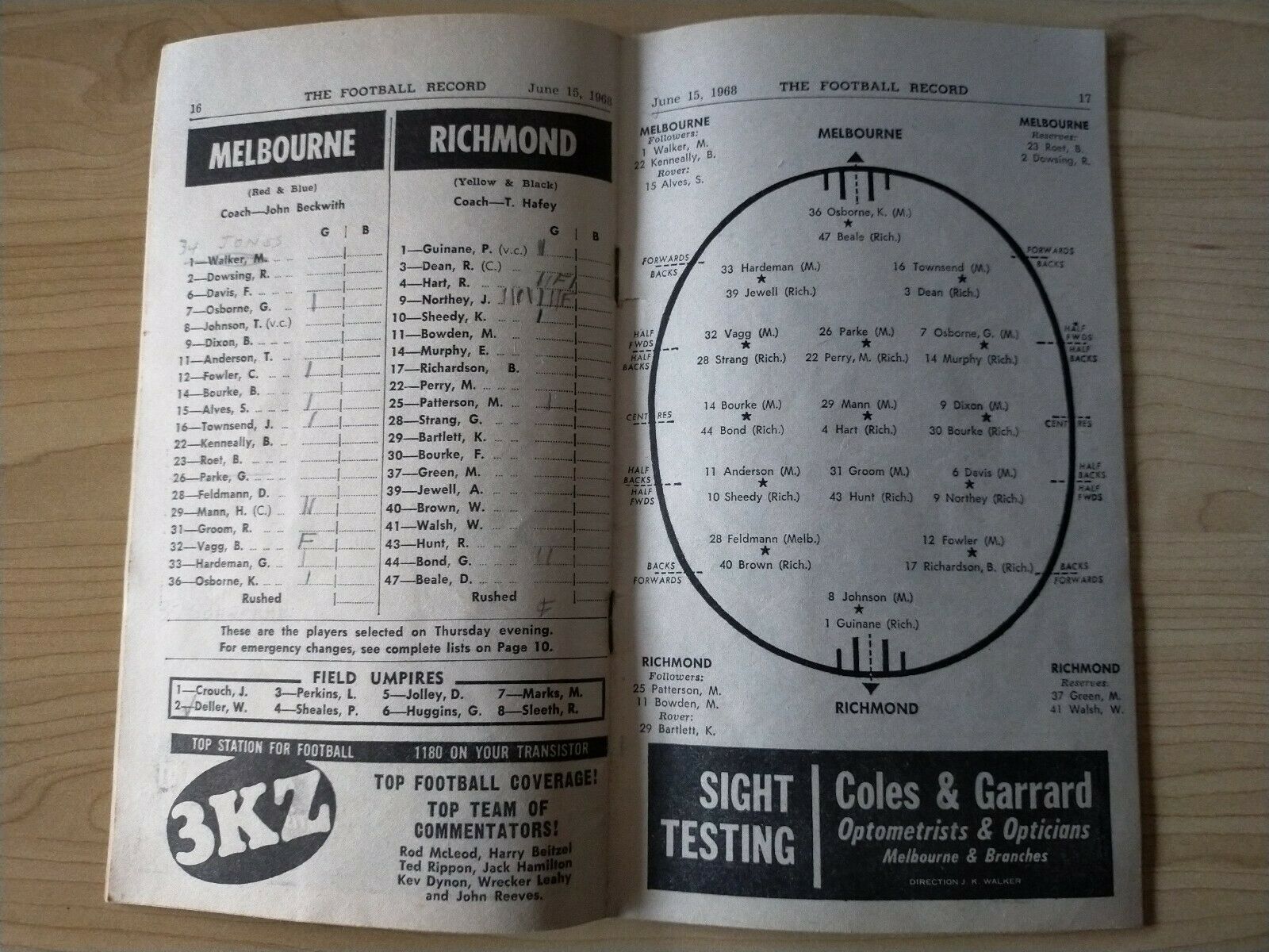 VFL 1968 June 15 Football Record Melbourne v Richmond - Image 2