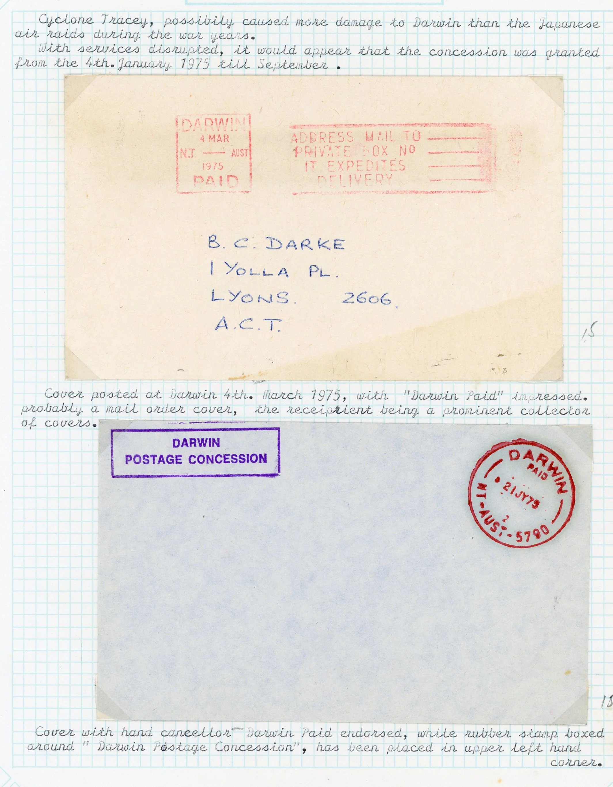 Australia 1975 Cyclone Tracey Darwin Northern Territory NT Disaster Mail. There were no stamps available and letters were sent free.