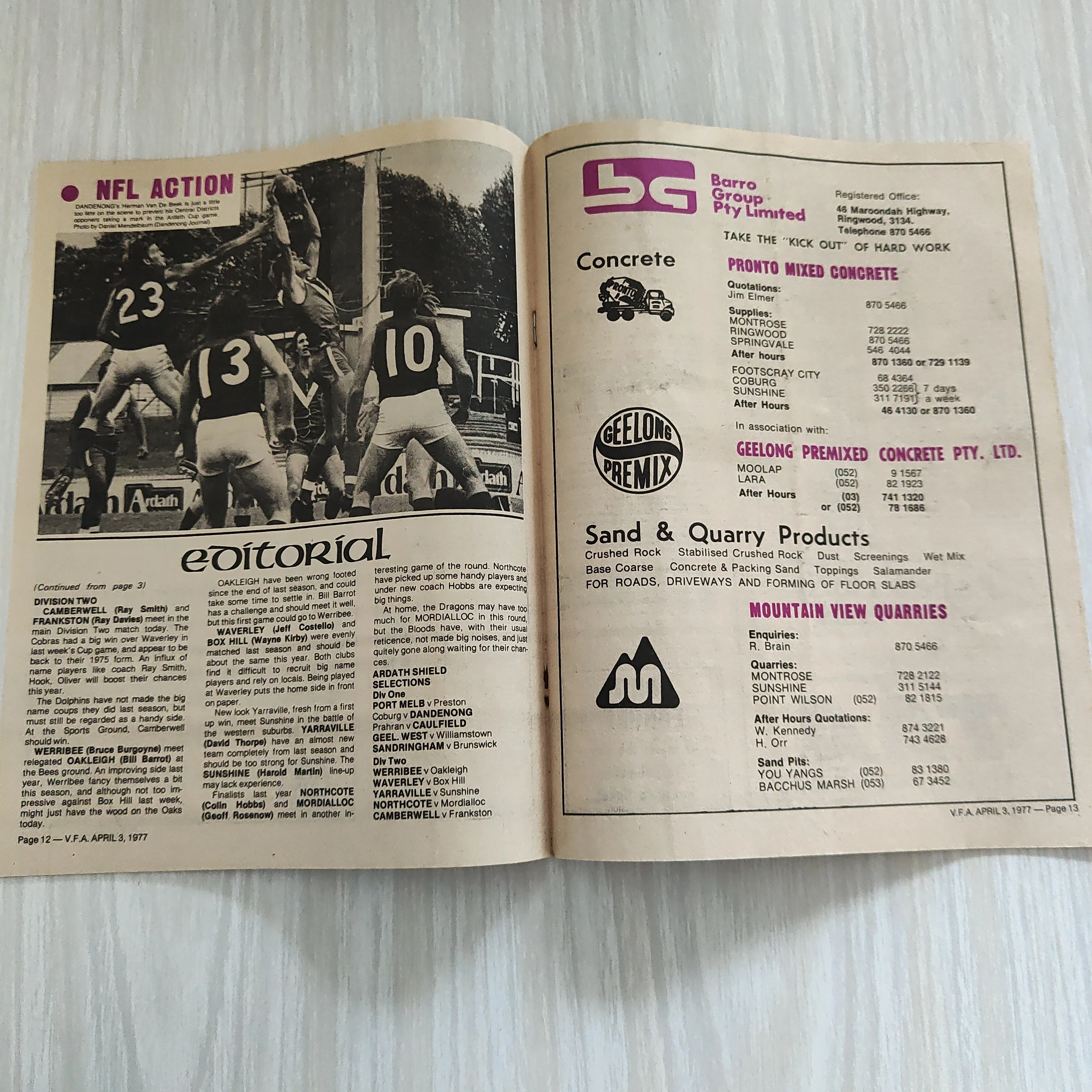 Football 1977 April 3 Victorian Football Association VFA Recorder Football Record - Image 2