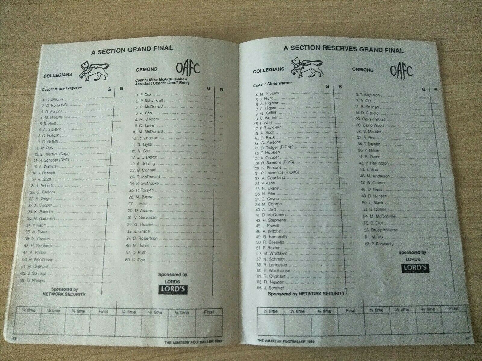 Football 1989 The Amateur League Victoria "A Section" Grand Final, Collegians v Ormond Football program - Image 2