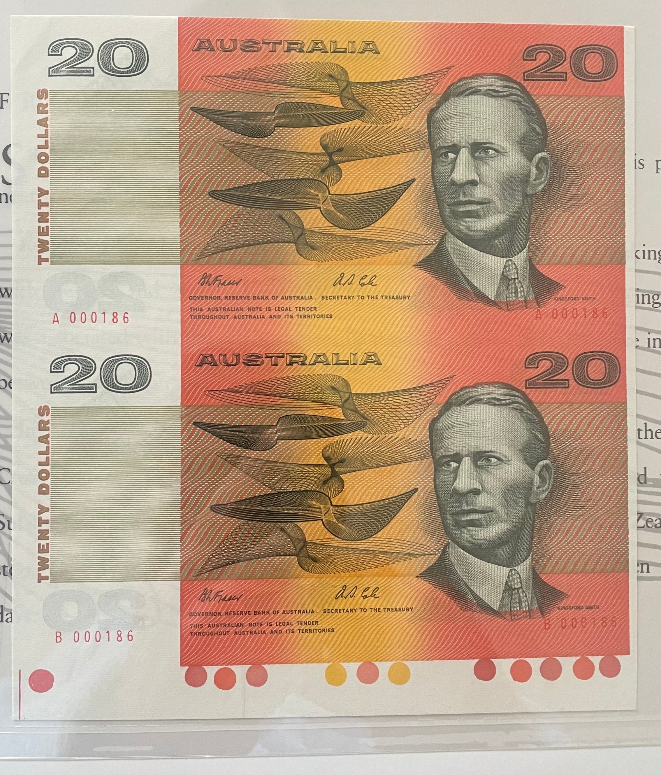 Australia 1993 Melbourne Fair $20 Paper Uncut Vertical Pair Banknotes Red Serial Number In Folder