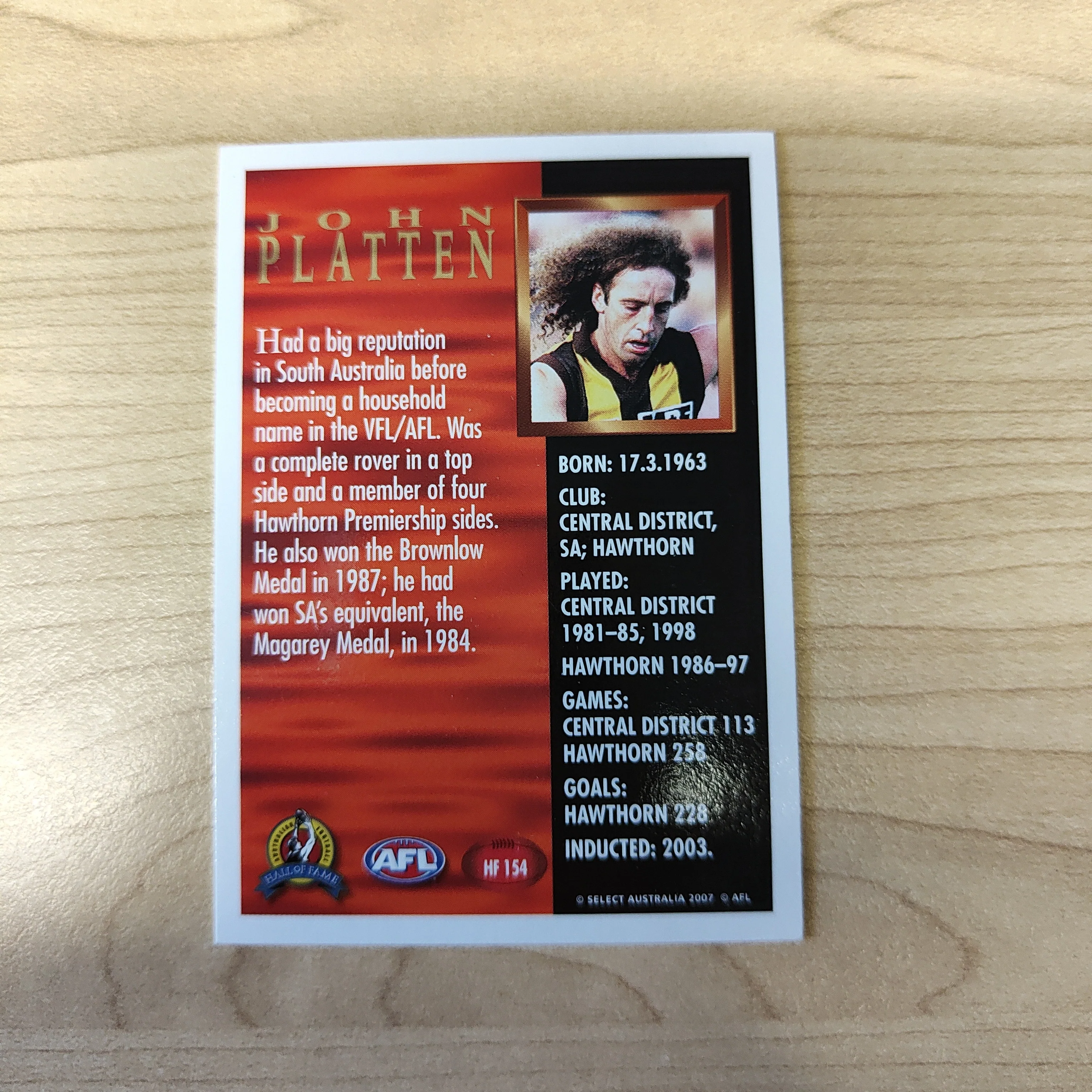 1996 Select AFL Centenary Hall of Fame John Platten Hand Signed Card Hawthorn - Image 2