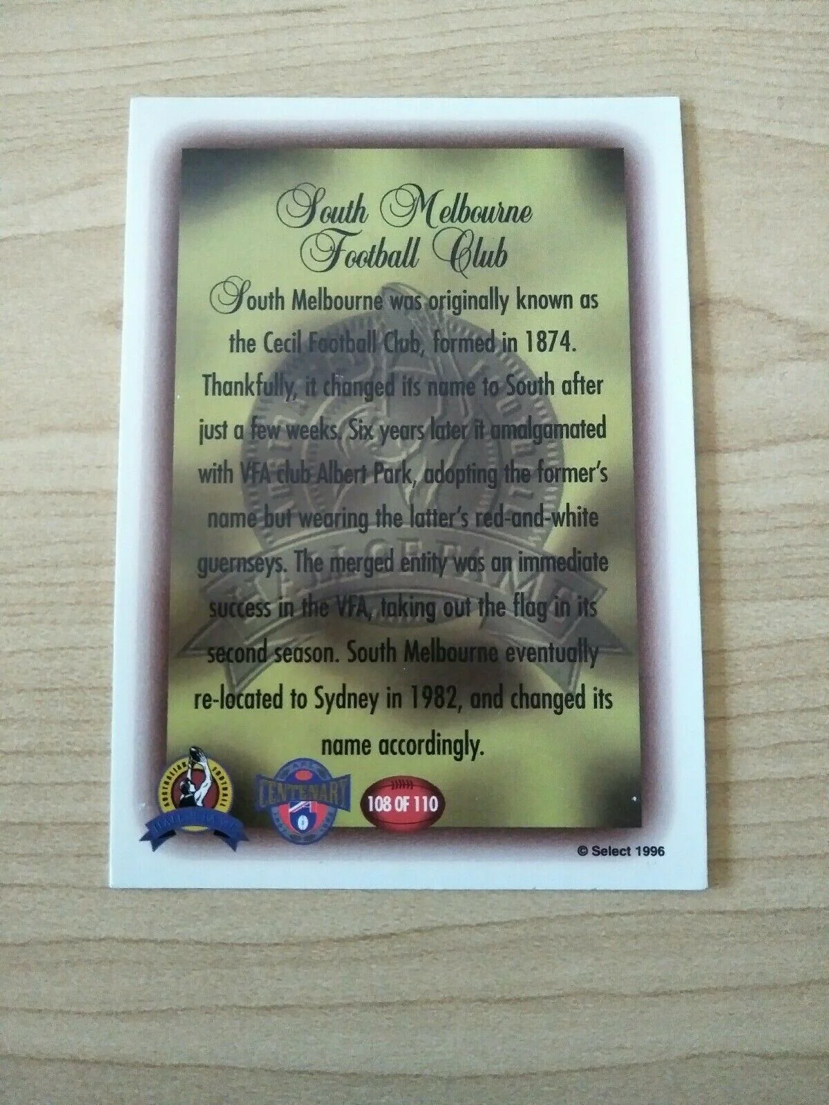 1996 Select Hall Of Fame South Melb/Sydney Logo Card 108/110 - Image 2
