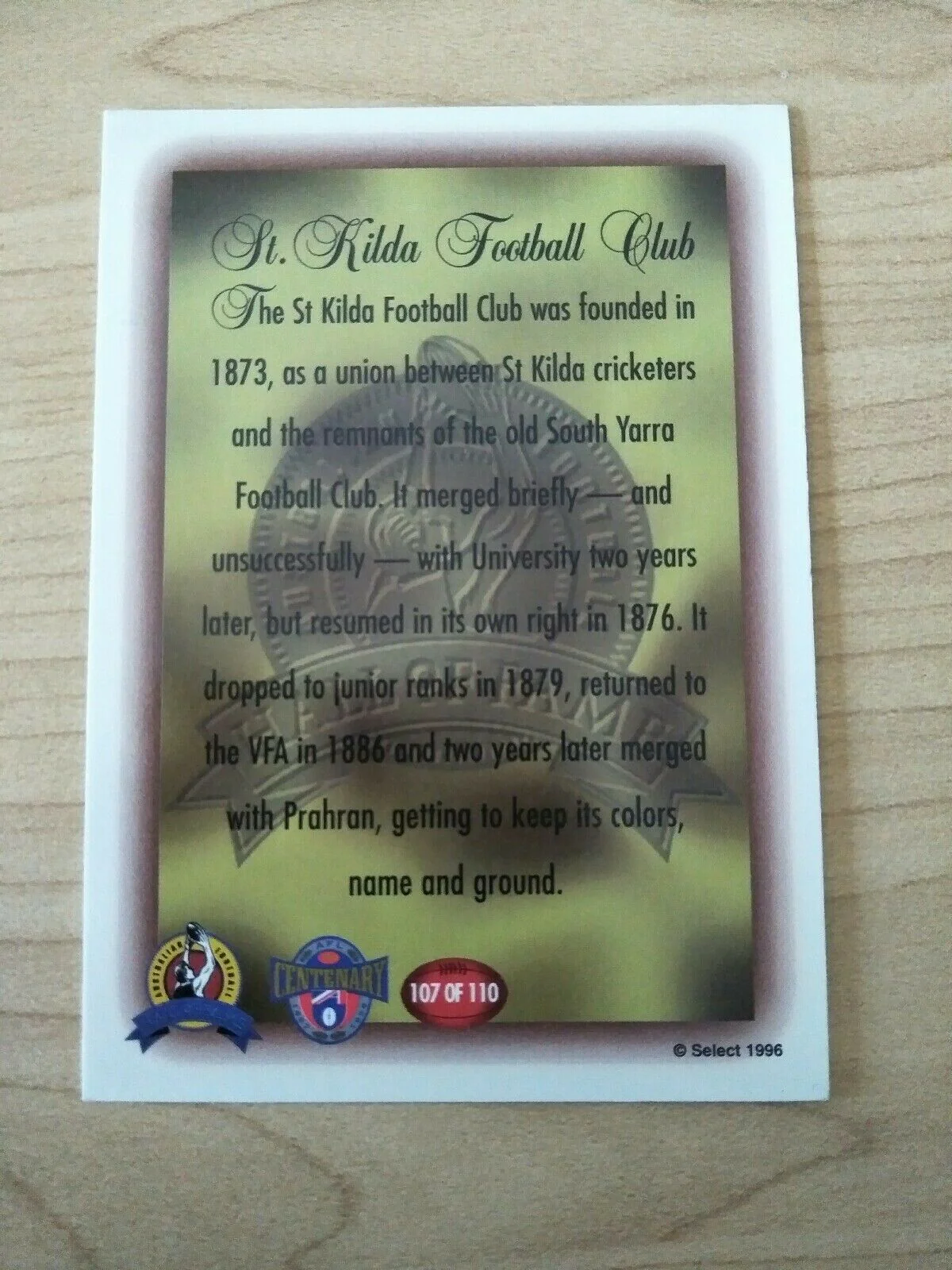 1996 Select Hall Of Fame St Kilda Logo Card 107/110 - Image 2