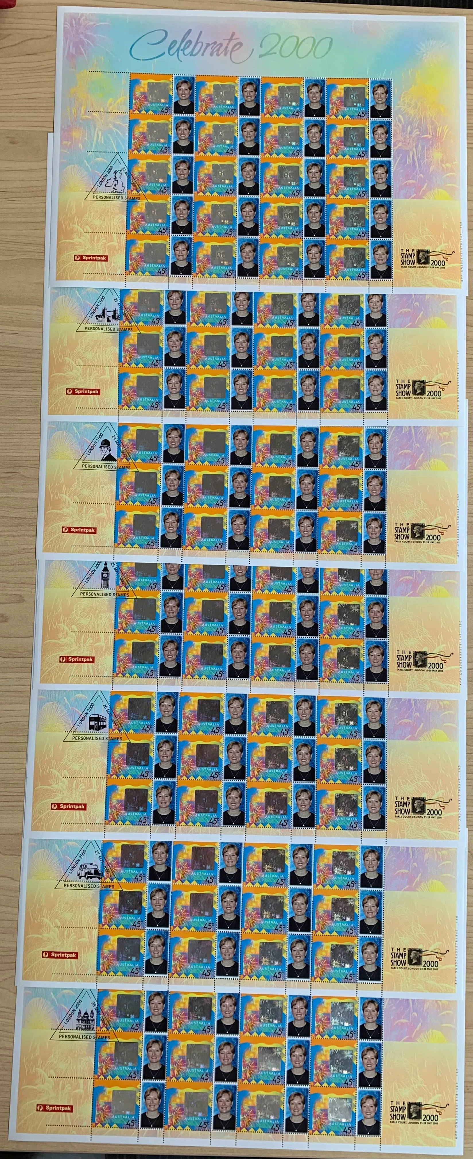 Australia 2000 45c Celebrate. Personalised Set of 7 London Show SES Stamp Sheets.  Limited edition