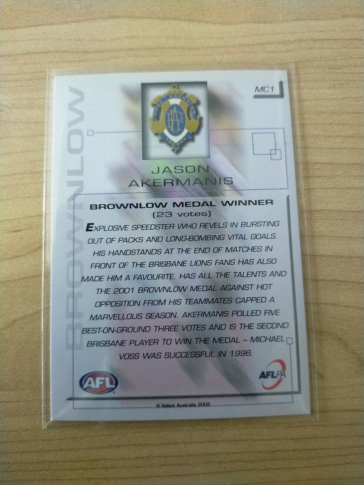 2002 Select SPX Exclusive Gold Medal Card Jason Akermanis Brisbane MC1 - Image 2