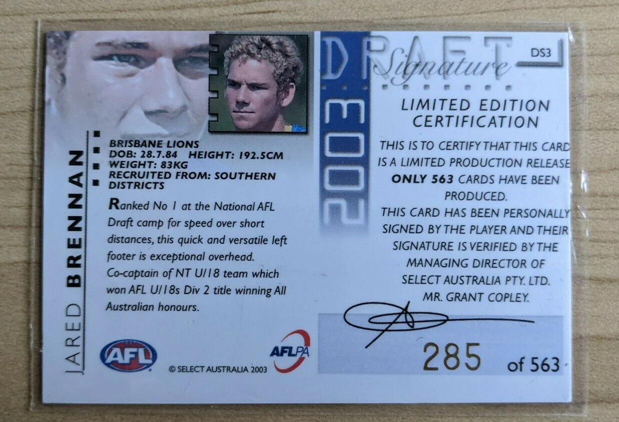 2003 SELECT XL DRAFT PICK SIGNATURE DS3 JARED BRENNAN Brisbane 285/563 - Image 2