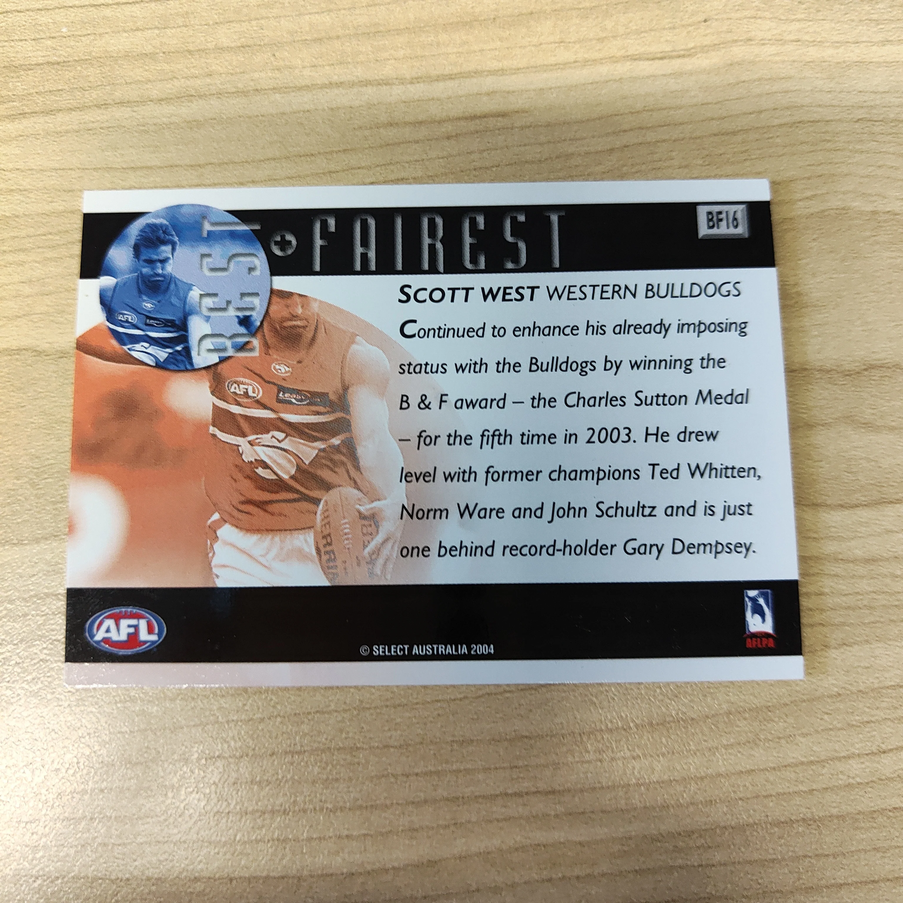 2004 Select AFL Ovation Best & Fairest Card Scott West Western Bulldogs - Image 2