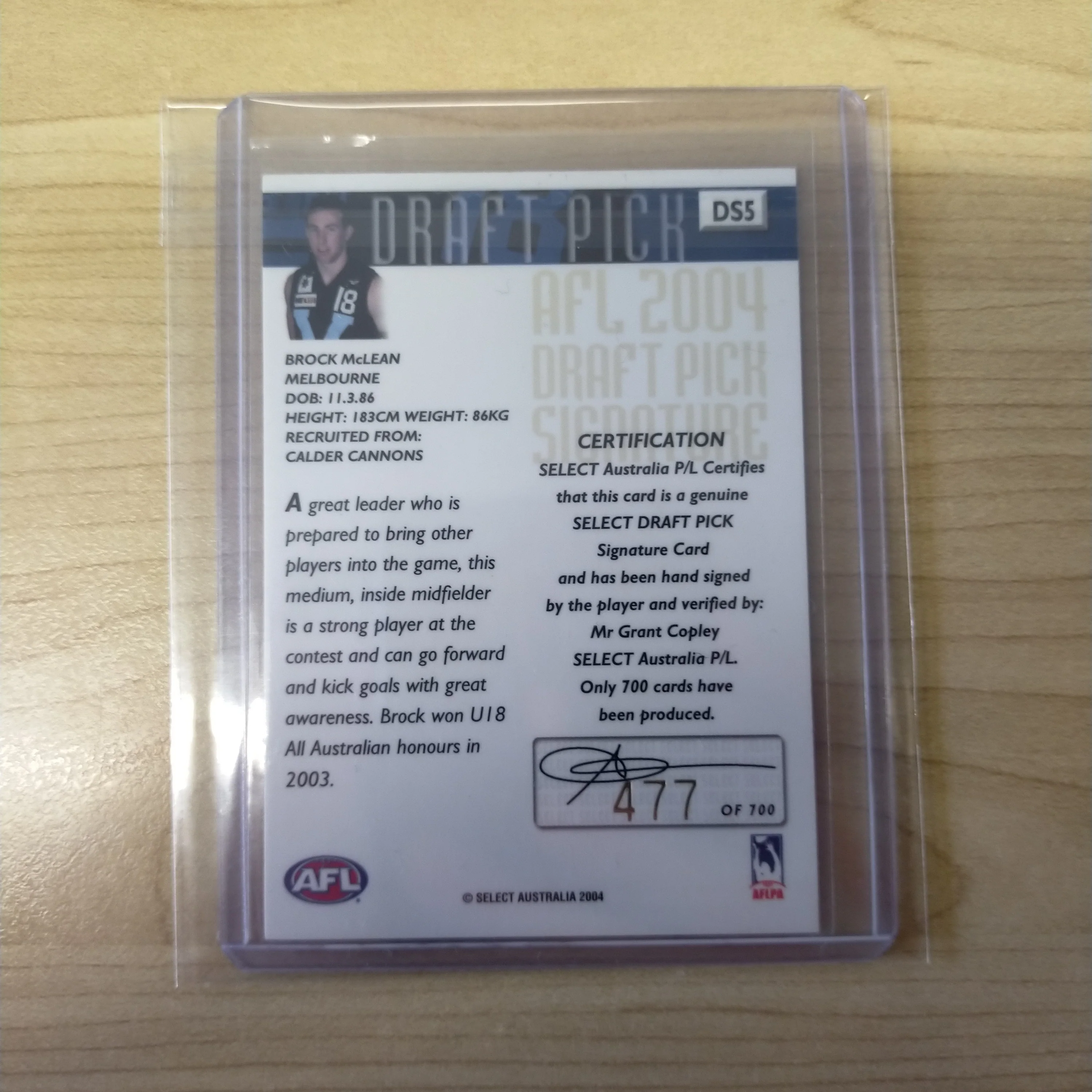2004 Select Conquest Draft Pick Signature Brock McLean Melbourne No.477/700 - Image 2