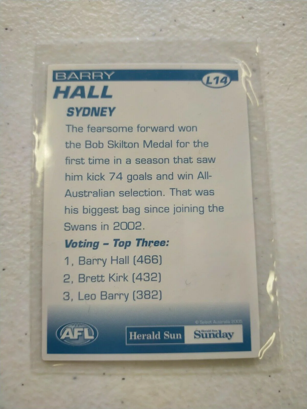 2005 Herald Sun 2D Best & Fairest Card Barry Hall Sydney - Image 2