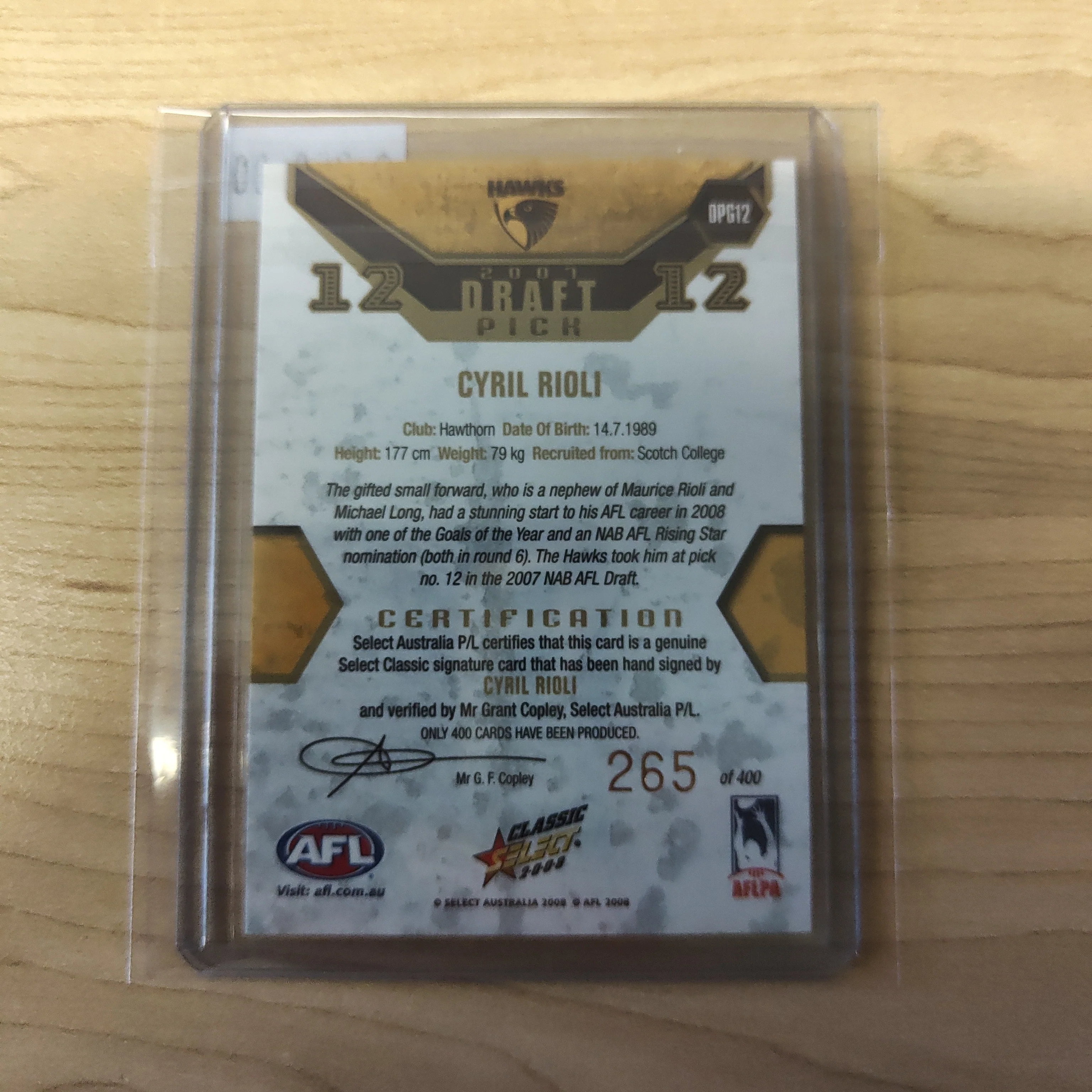 2008 Select Classic Draft Pick Gold Signature Card Cyril Rioli Hawthorn 265/400 - Image 2