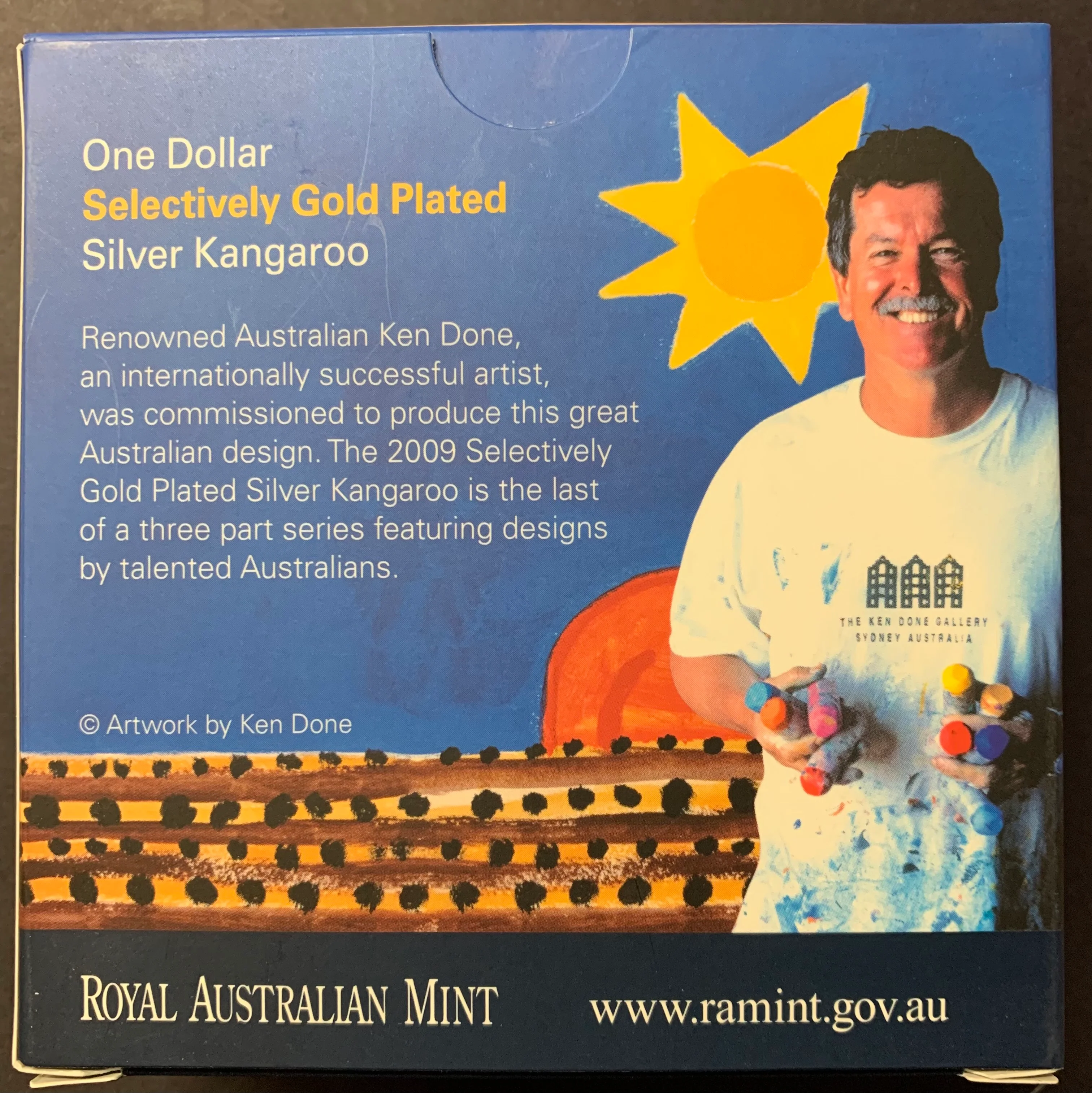 Australia 2009 Royal Australian Mint $1 Kangaroo Ken Done design Gold Plated Ounce Silver Proof - Image 3