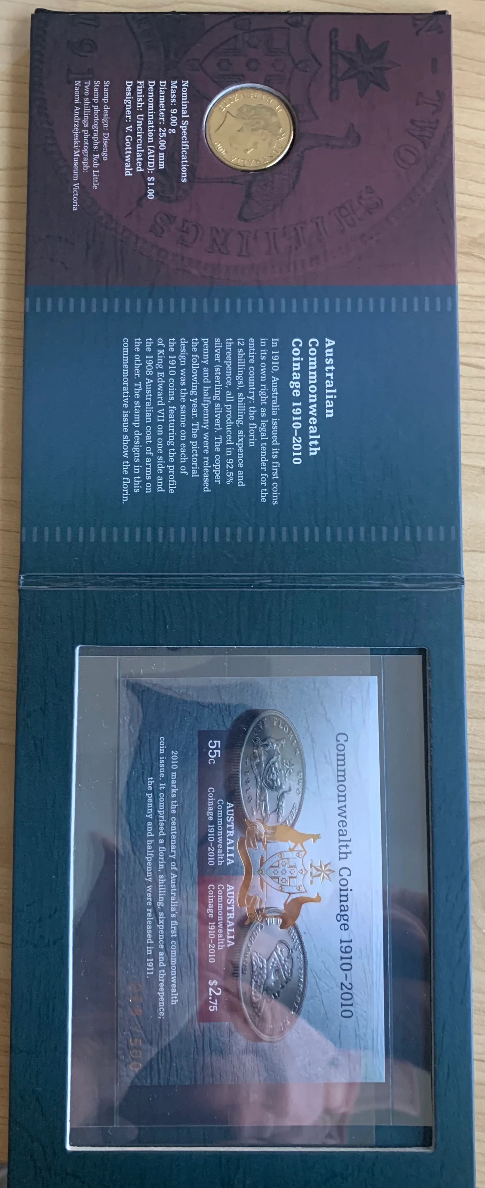 Australia 2010 $1 uncirculated coin and Overprinted Stamp Set 100 Years Of Commonwealth Coinage