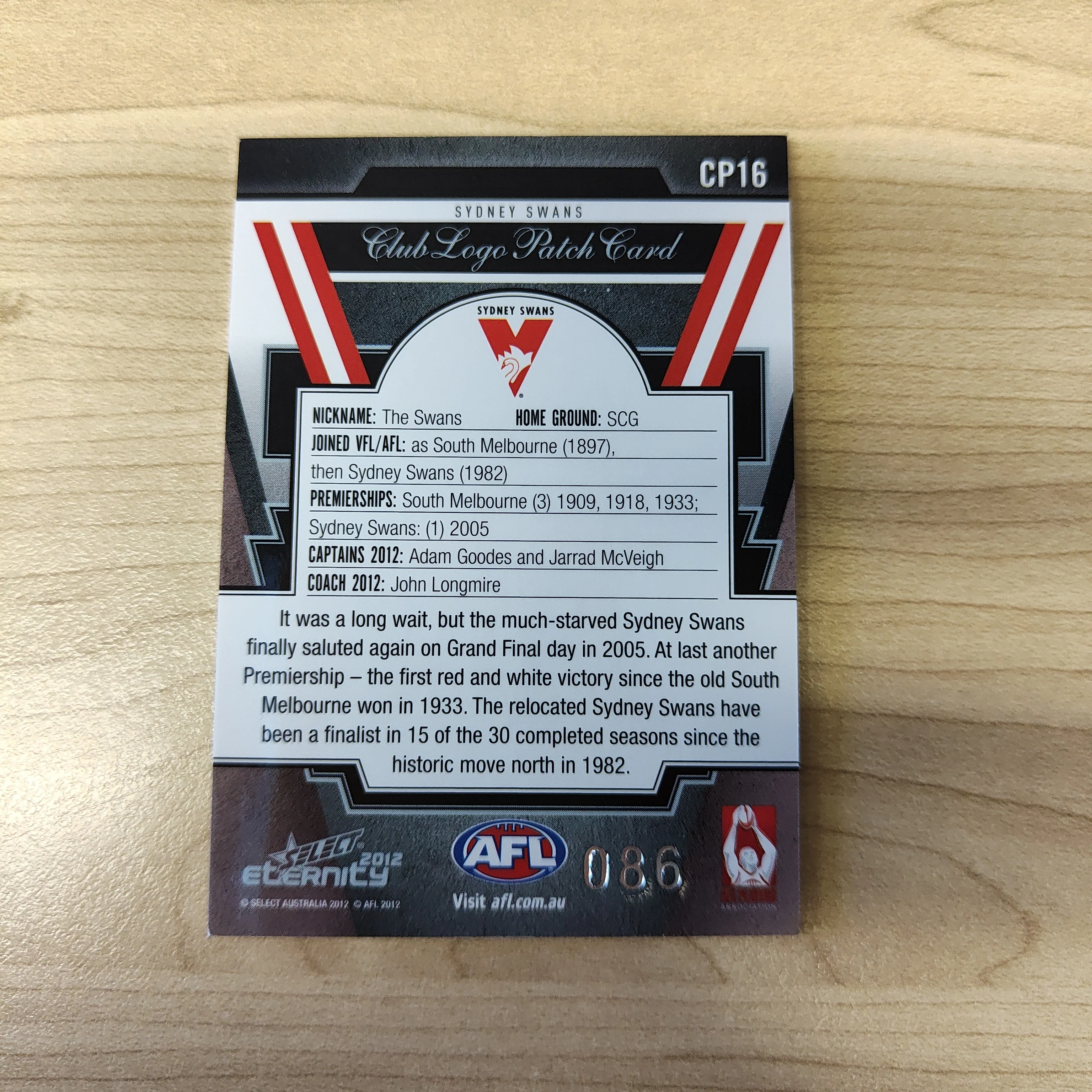 2012 Select Eternity Club Logo Patch Card Adam Goodes Jarrad McVeigh Sydney No.086 - Image 2