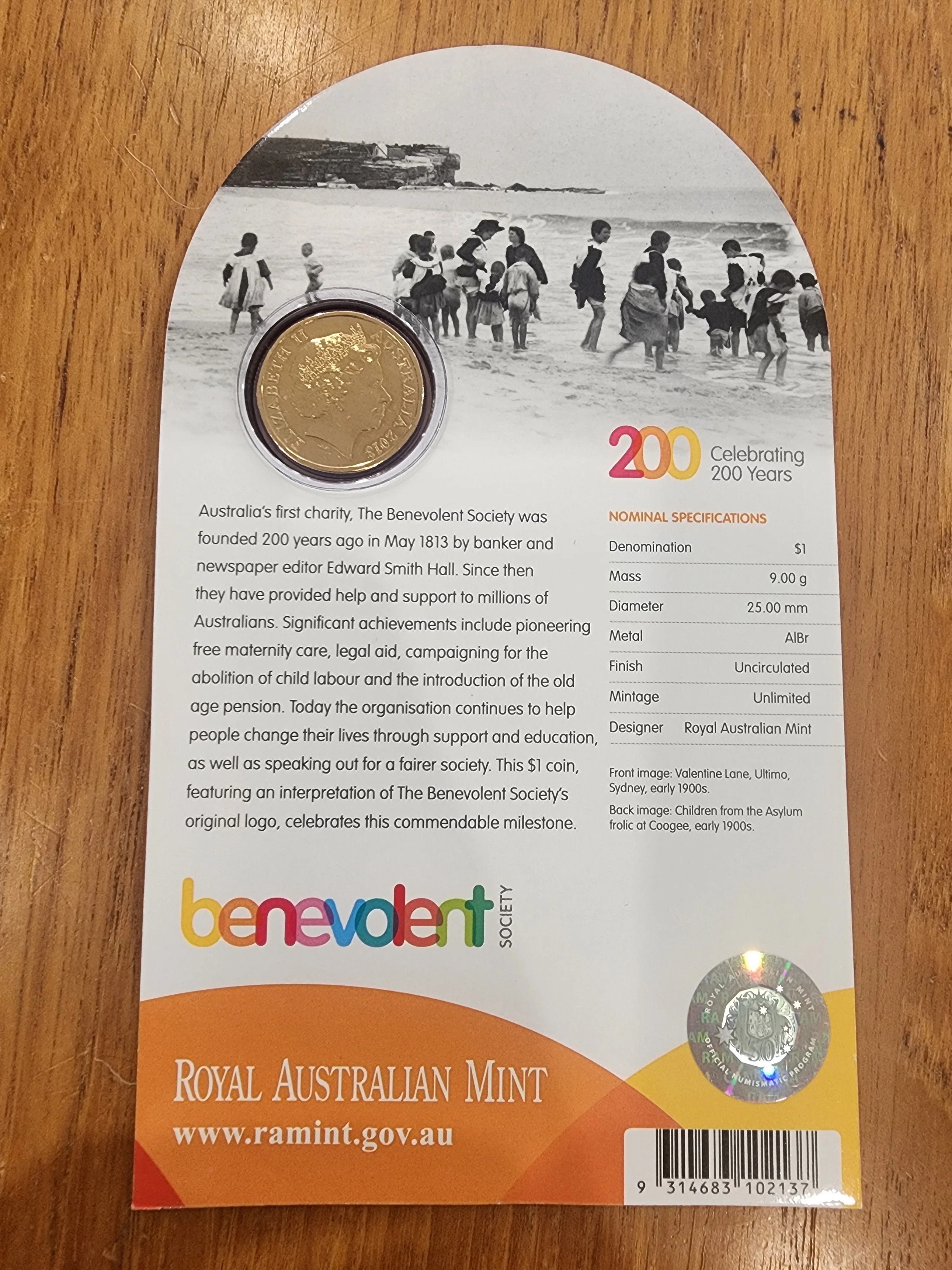 Australia 2013 Royal Australian Mint  $1 200 Years of the Benevolent Society Uncirculated Coin - Image 2