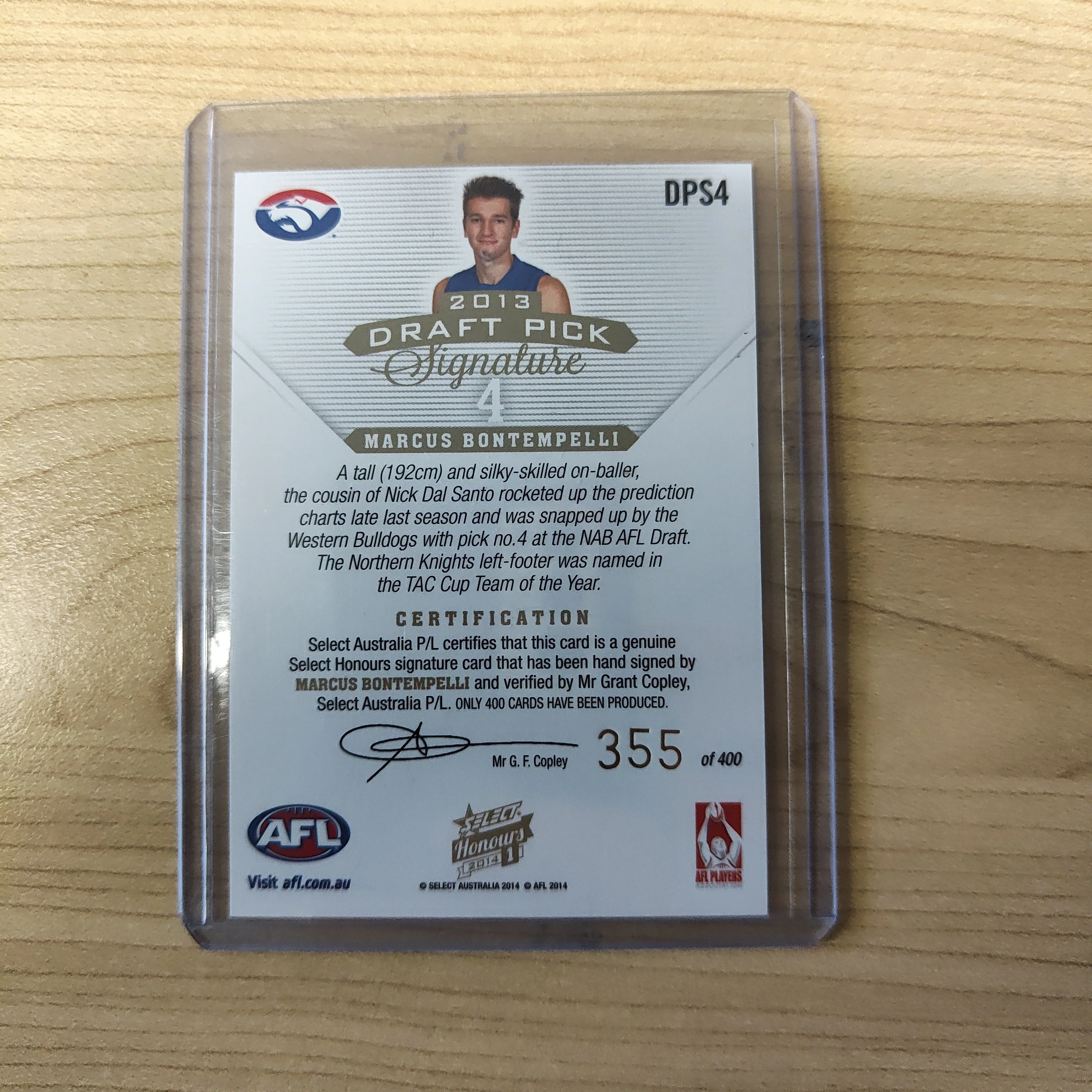 2014 AFL Select Honours 1 Draft Pick Signature Marcus Bontempelli Western Bulldogs No. 355/400 - Image 2