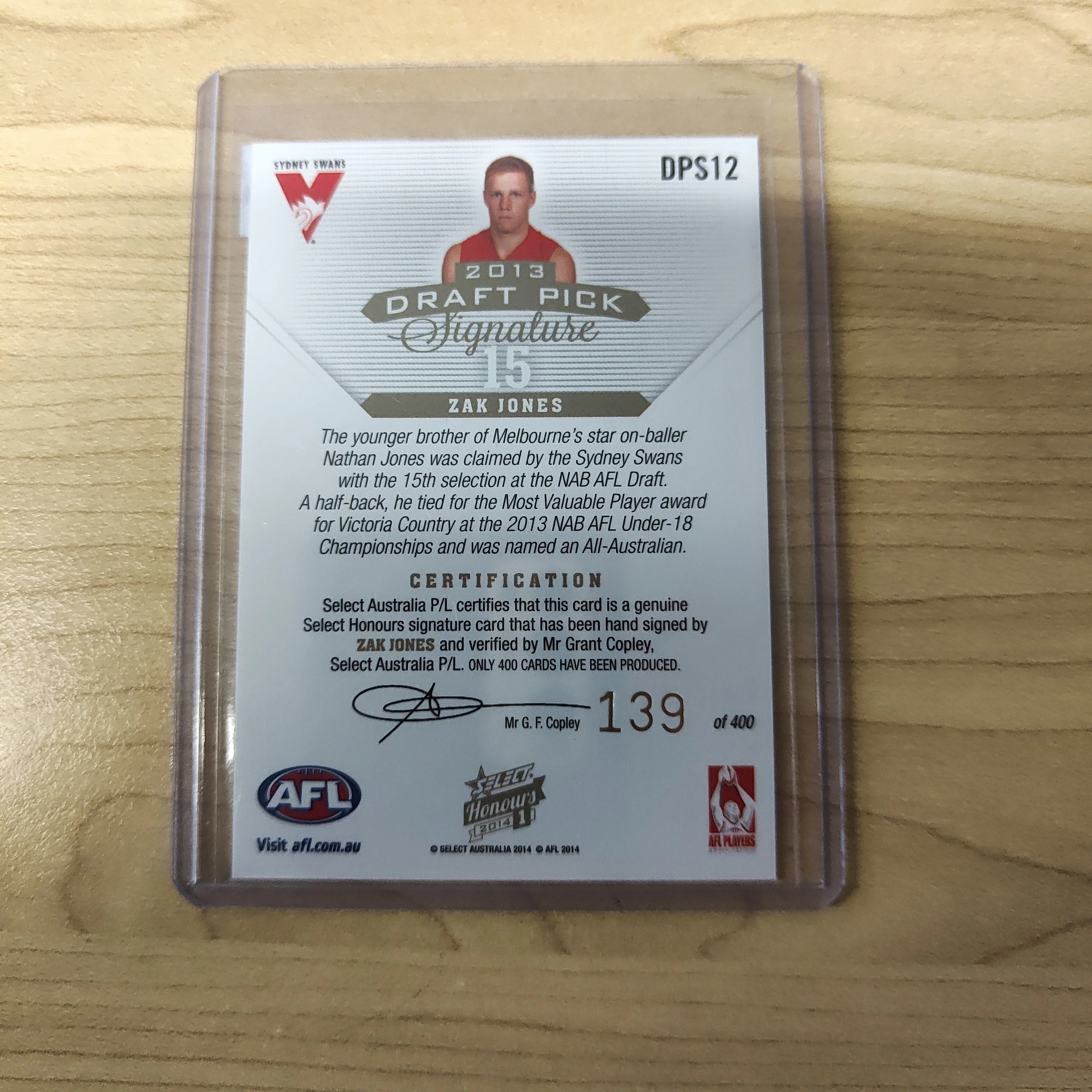 2014 AFL Select Honours 1 Draft Pick Signature Zak Jones Sydney No. 139/400 - Image 2