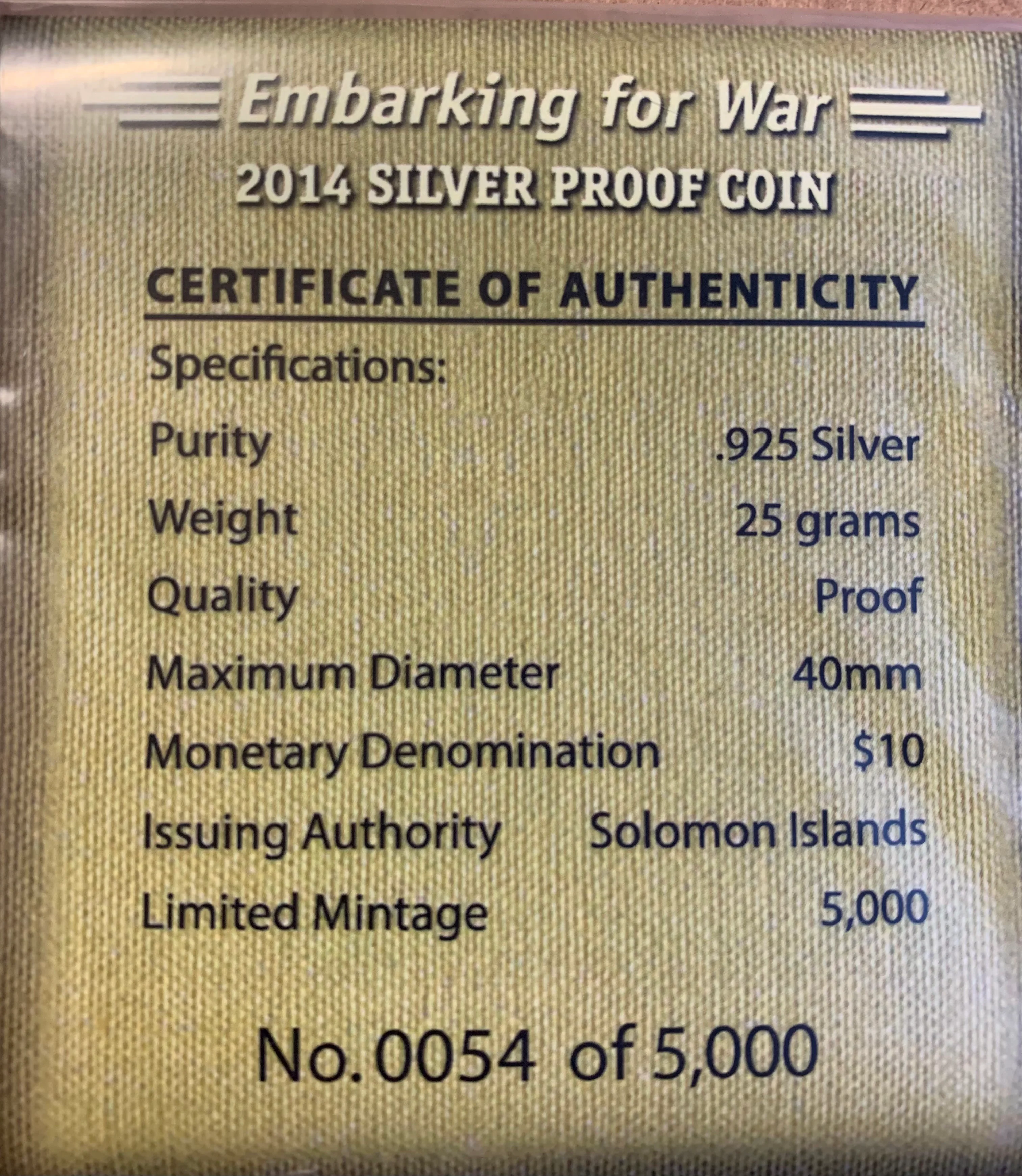Solomon Islands 2014 $10 First World War series 1oz .925 Silver Coin Box Cert - Image 2
