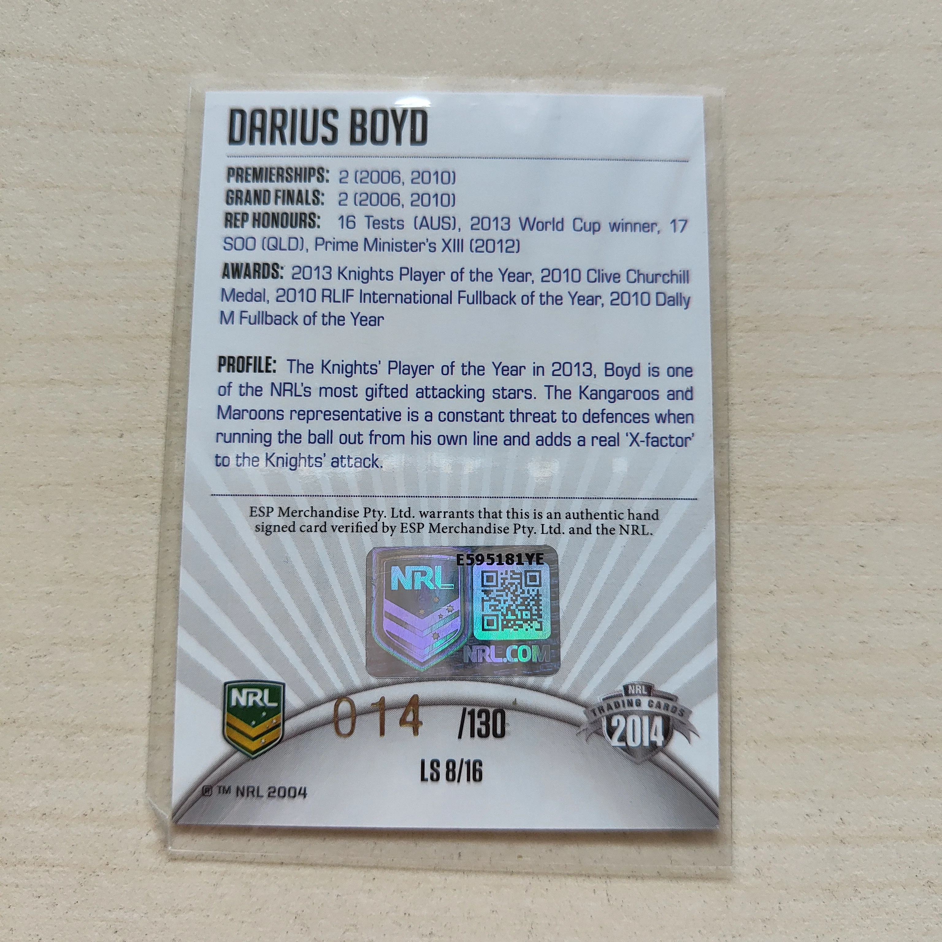 2014 NRL Elite League Sensations Signature Card Darius Boyd Knights - Image 2
