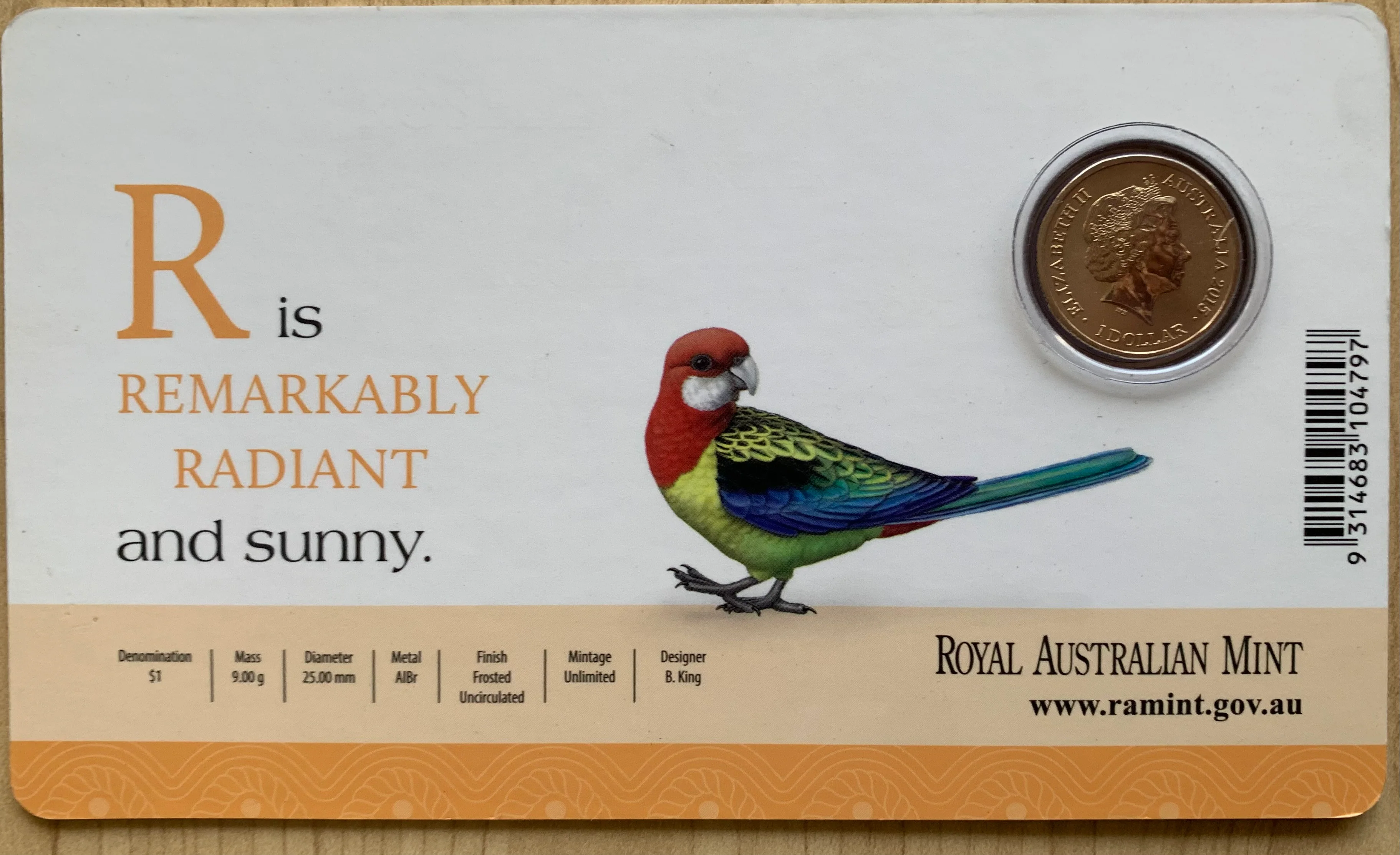2015 Aussie Alphabet Coloured $1 coin "R" Rainbow Lorikeet - Image 2