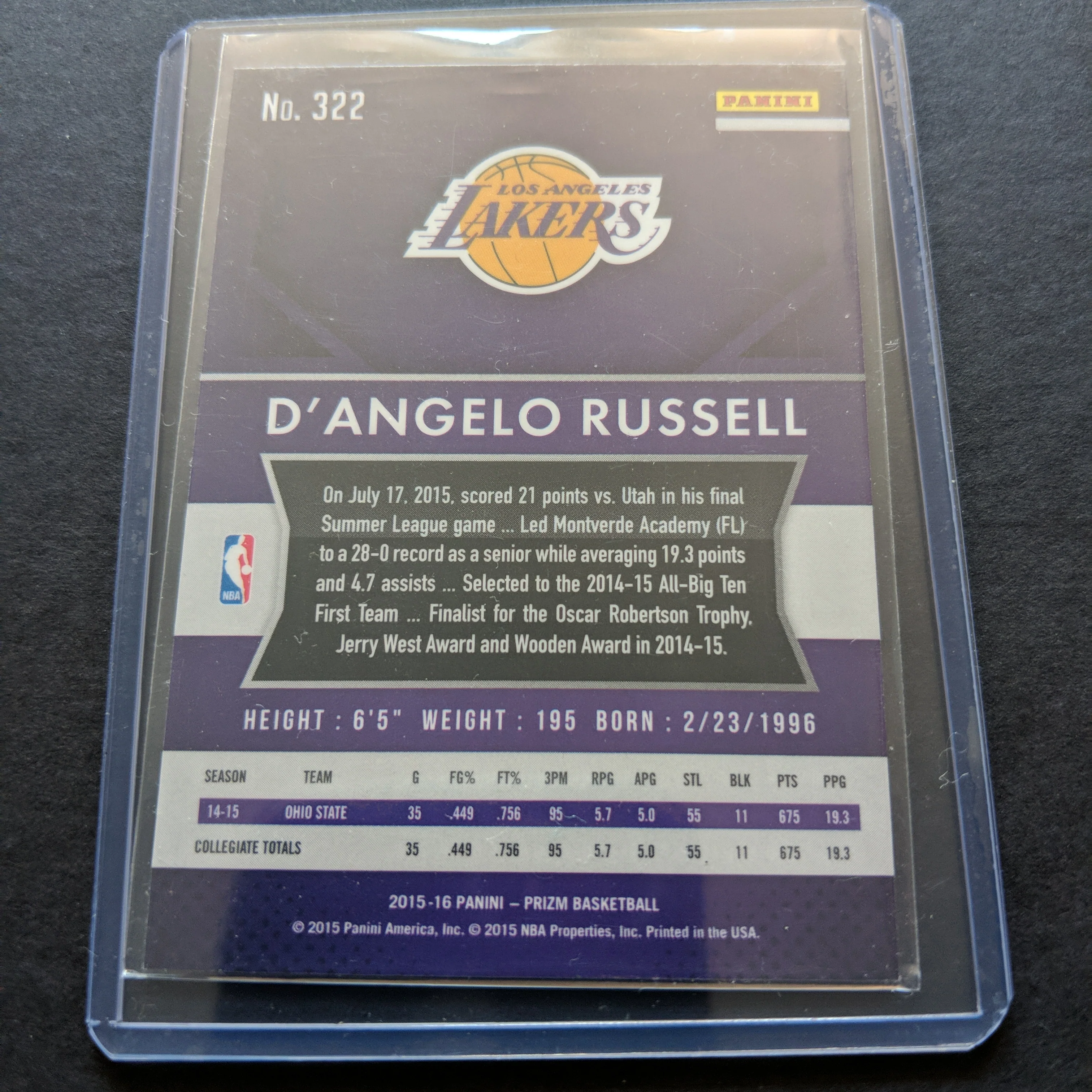 2015 NBA Panini Prizm Rookie D'Angelo Russell Lakers Basketball Card - Image 2