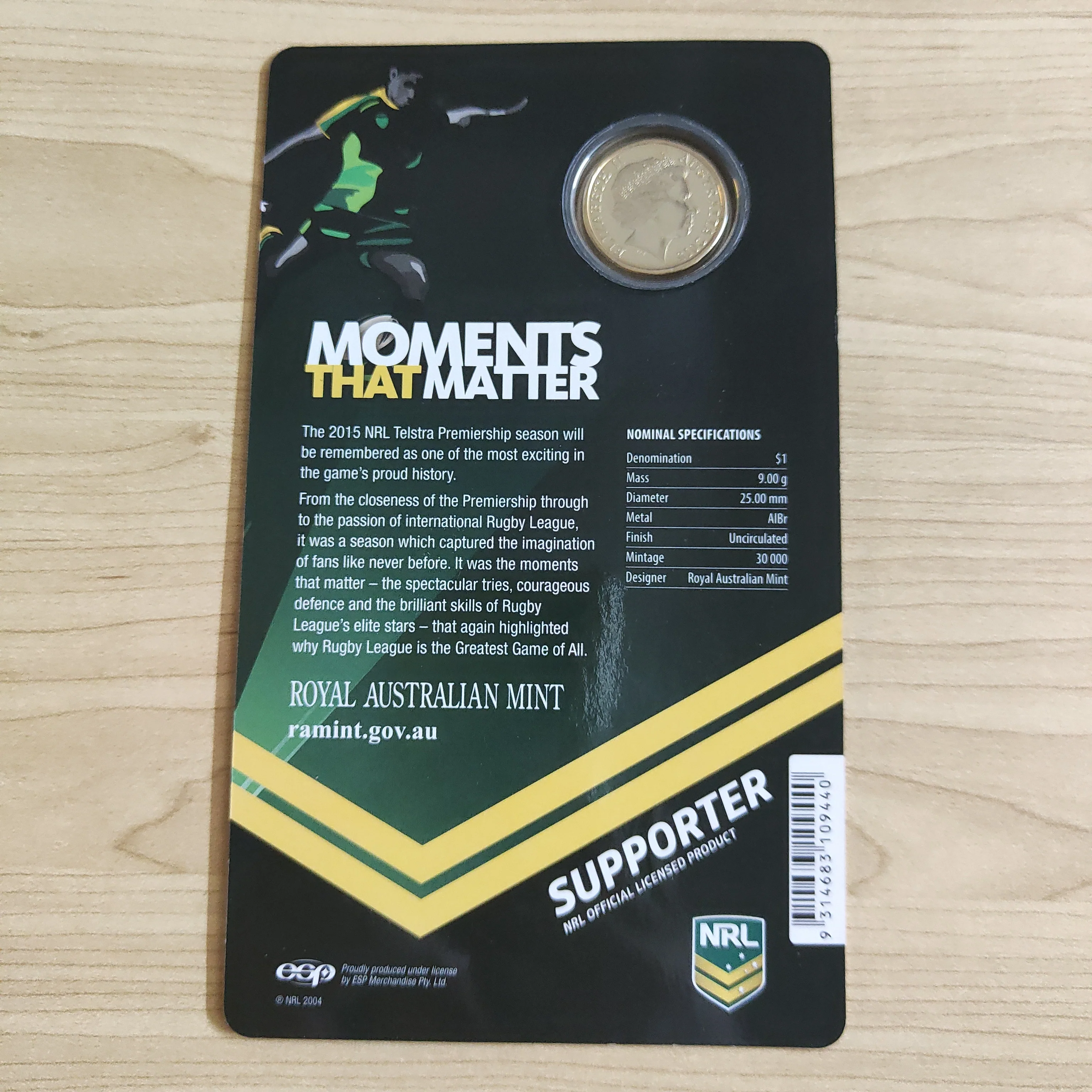 Australia 2015 Royal Australian Mint $1 Moments That Matter NRL Premiership Rugby S Counterstamp Uncirculated $1 Carded Coin - Image 2