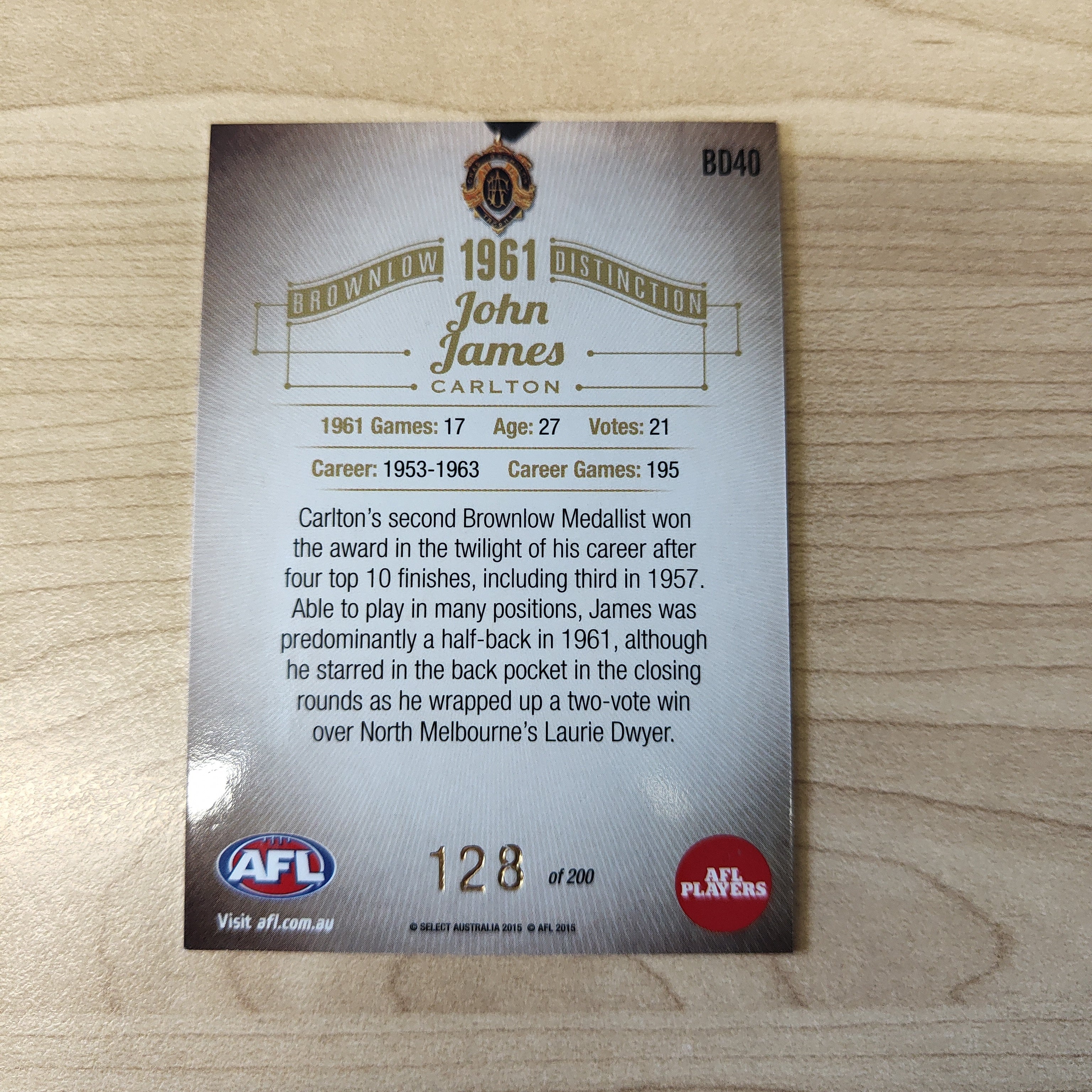 2015 Select Honours 2 Brownlow Distinction 1961 John James Carlton - Image 2