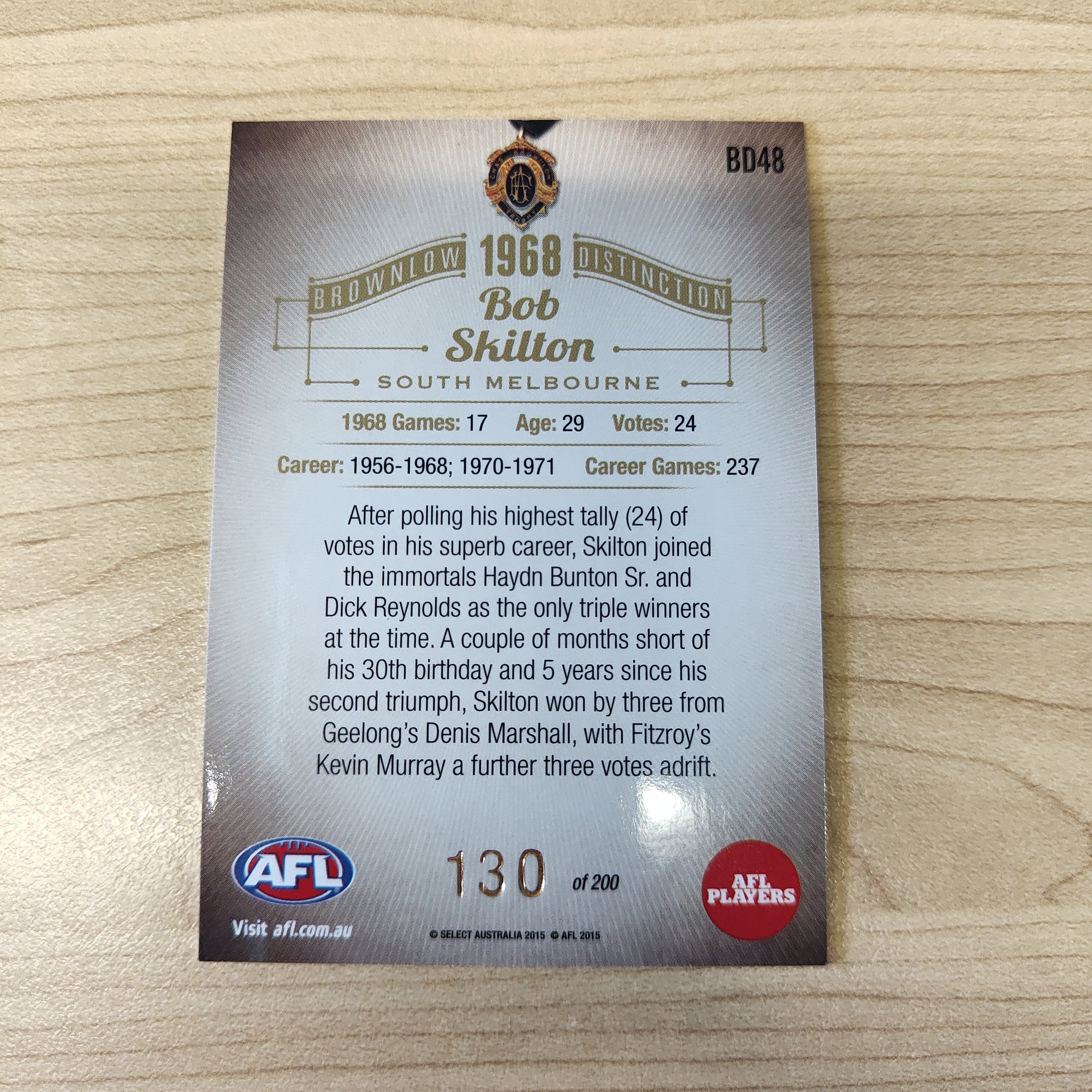 2015 Select Honours 2 Brownlow Distinction 1968 Bob Skilton South Melbourne - Image 2
