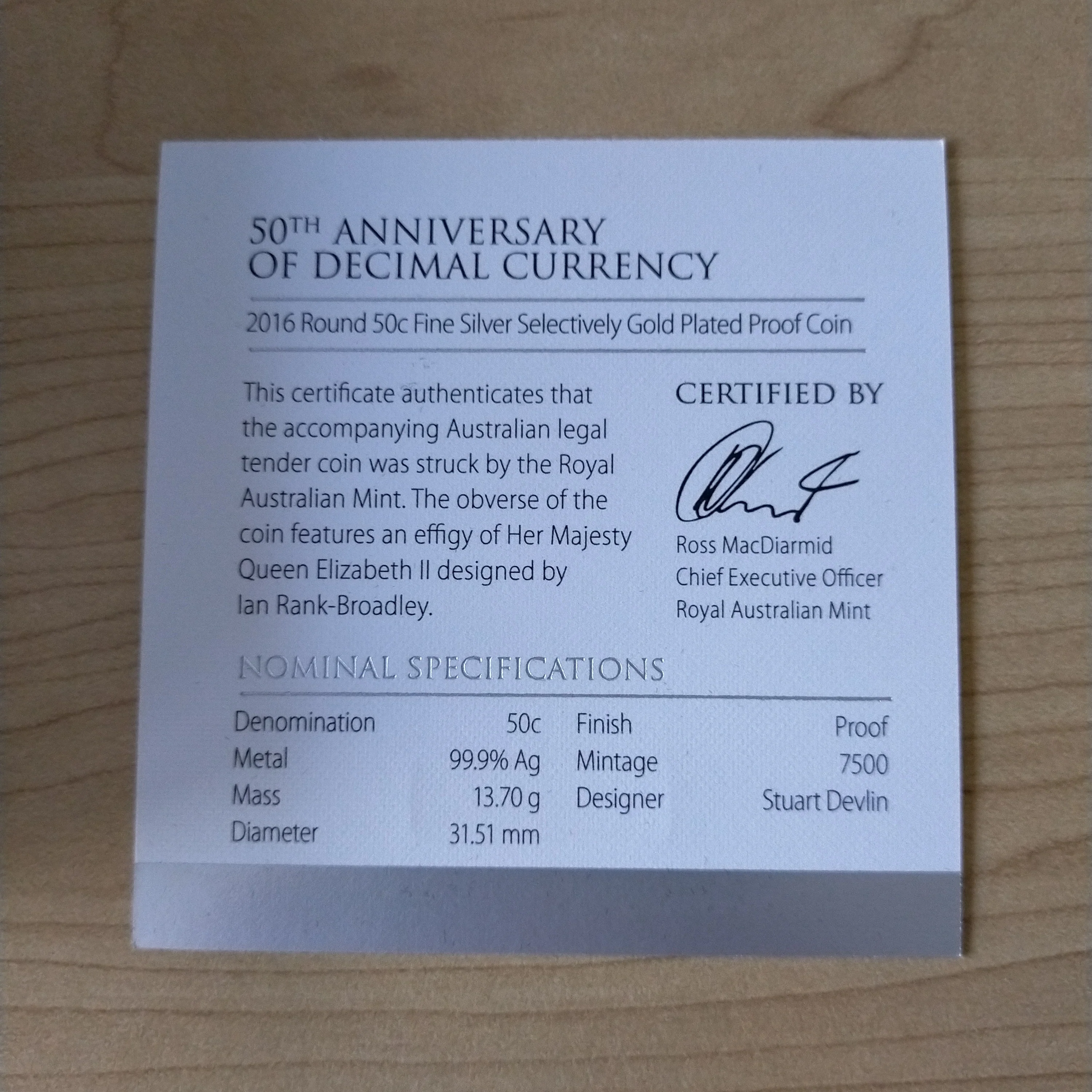 2016 RAM 50c 50th Anniversary Decimal Currency Gold Plated Silver Round Fifty Cent Proof Coin - Image 4