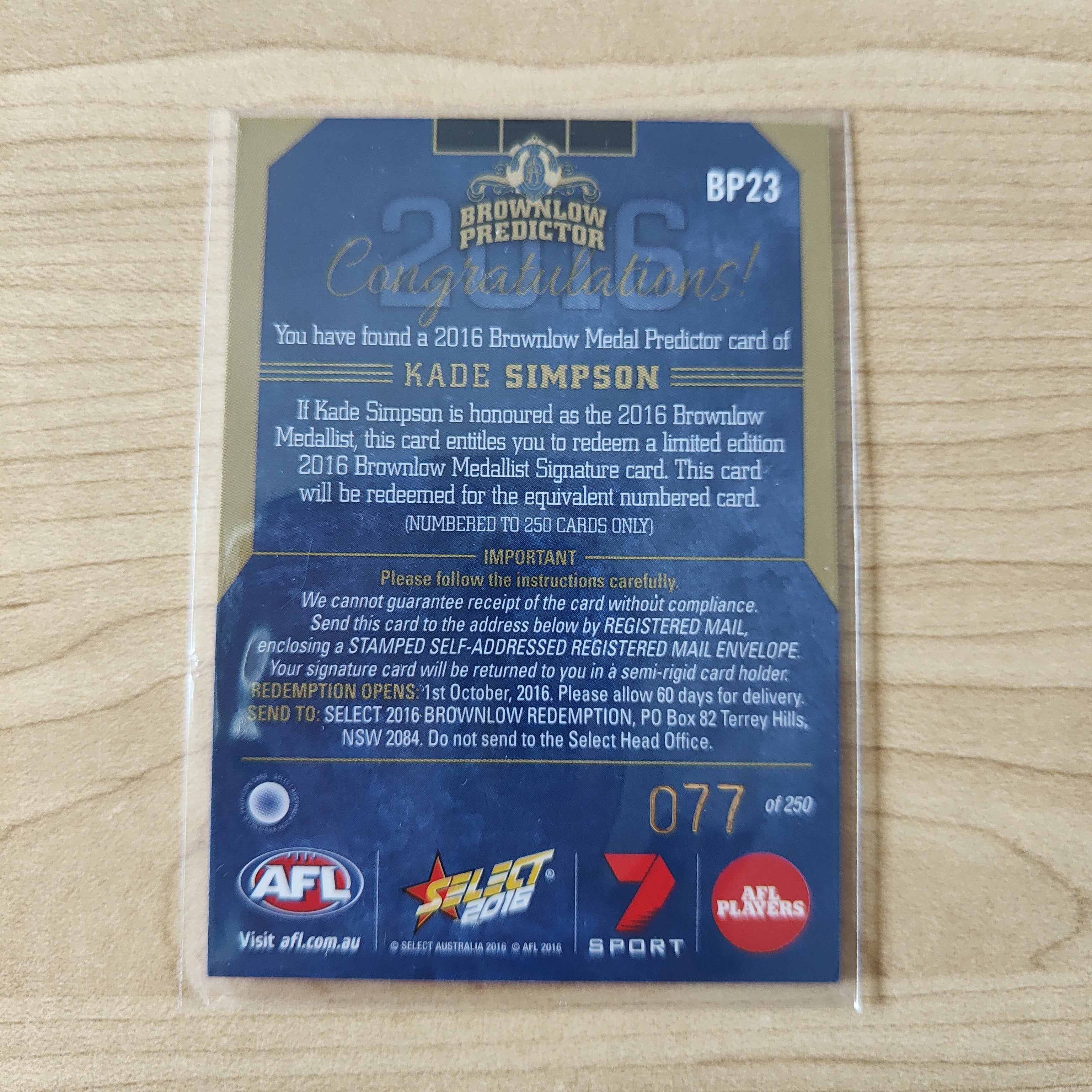 2016 Select Footy Stars Brownlow Predictor Kade Simpson Carlton 077/250 - Image 2