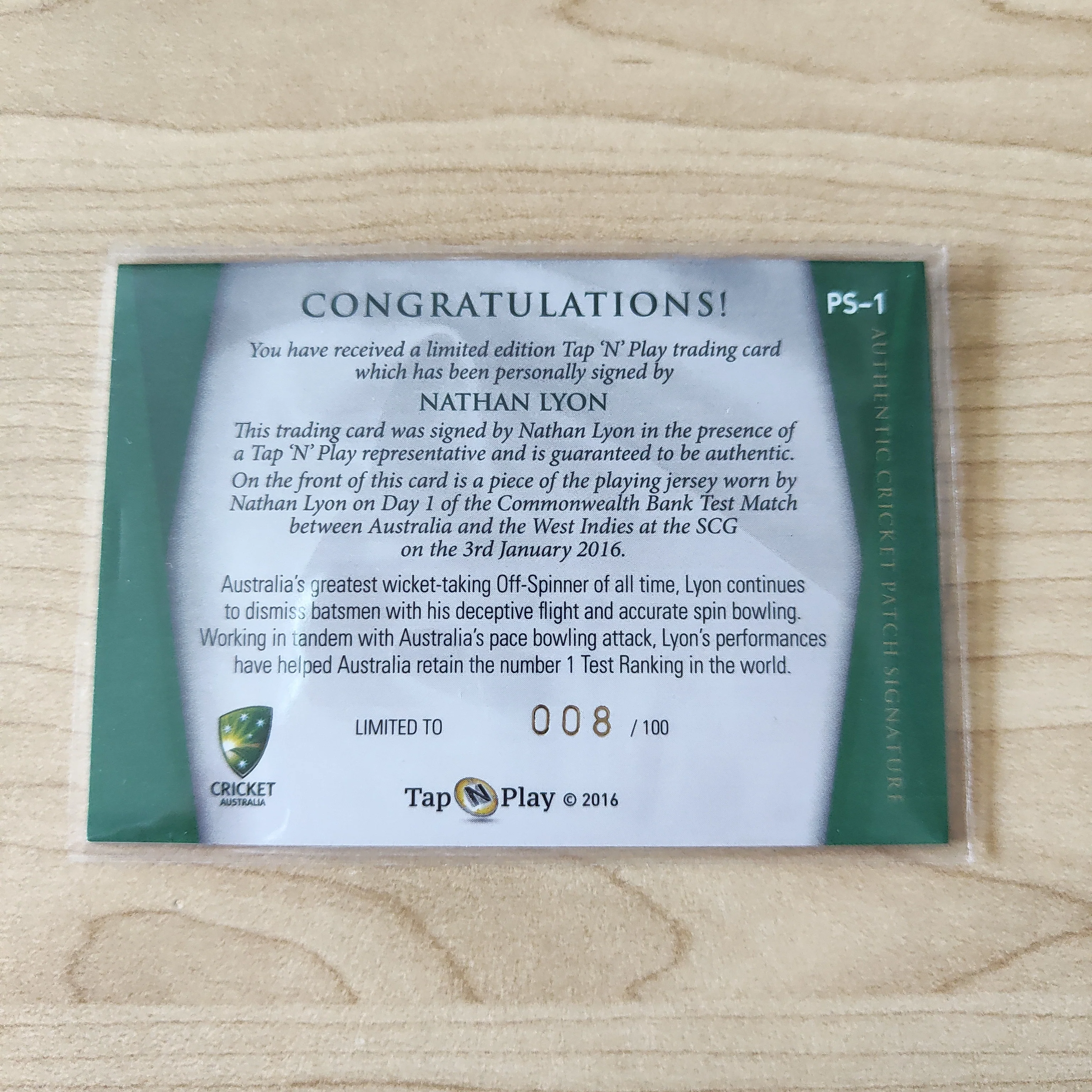 2016 Tap n Play Australian Cricket Patch Signature Redemption Nathan Lyon Cricket Australia Card - Image 3