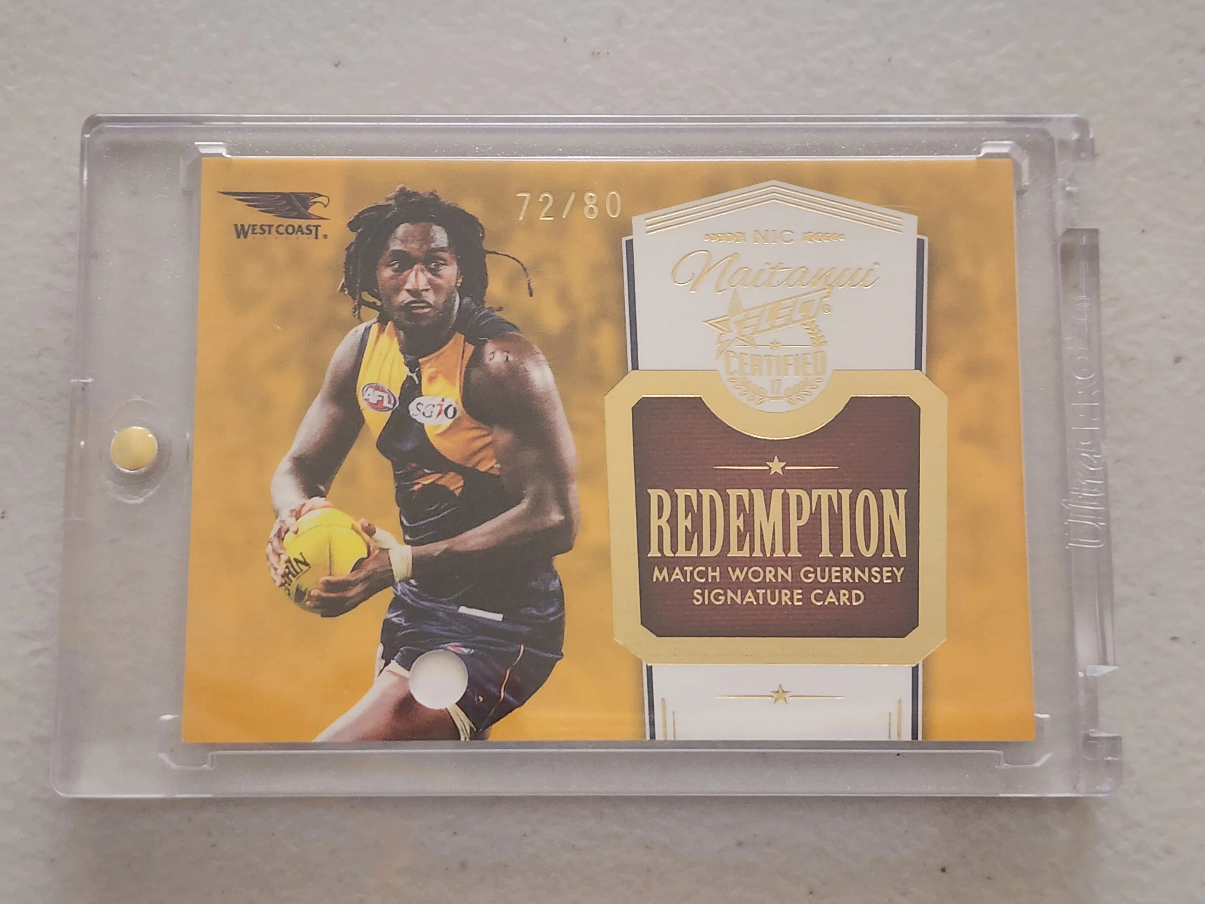 2017 AFL Certified Nic Naitanui West Coast Redemption Match Worn Guernsey signature card 72/80 - Image 2