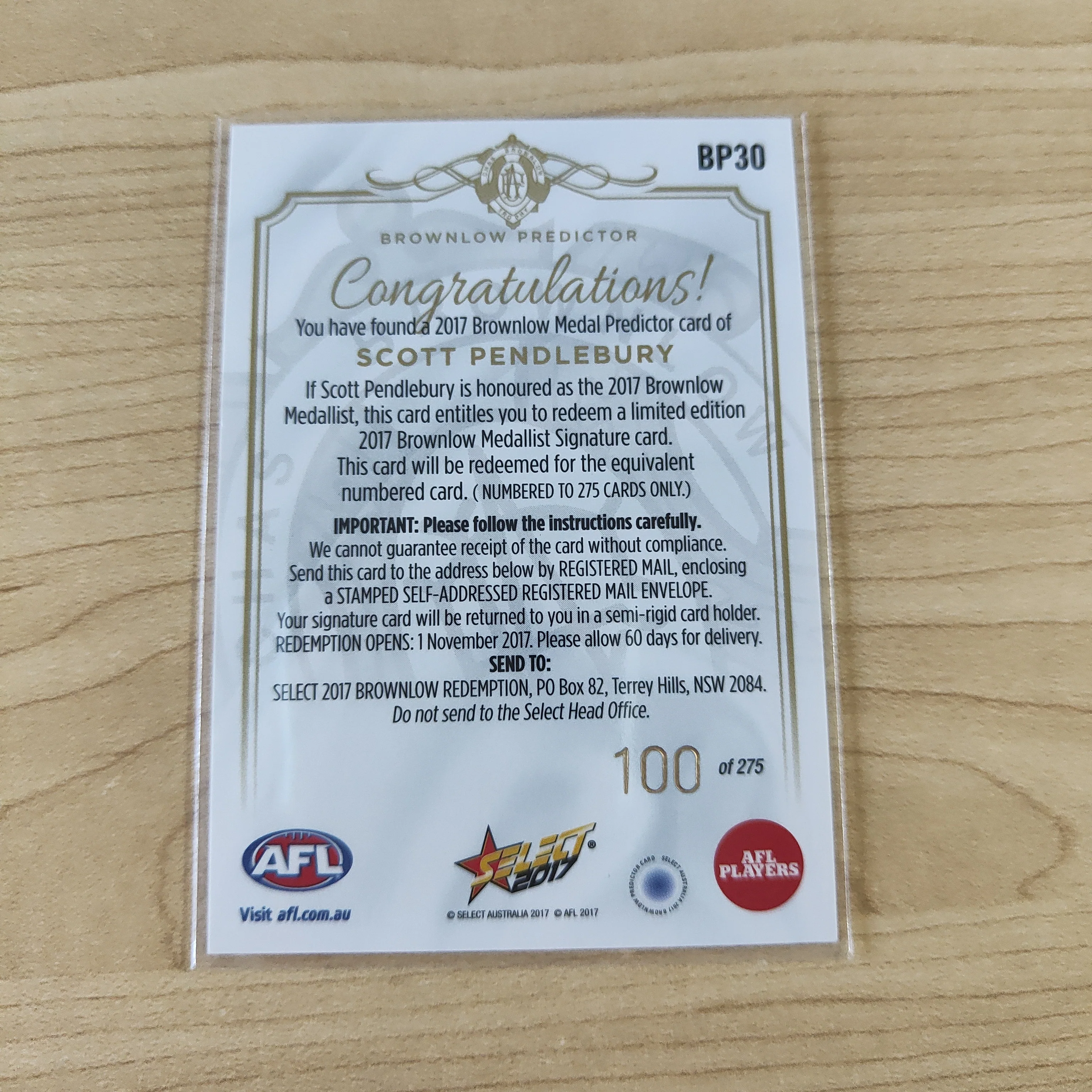 2017 AFL Select Brownlow Predictor Scott Pendlebury Collingwood No.100/275 - Image 2
