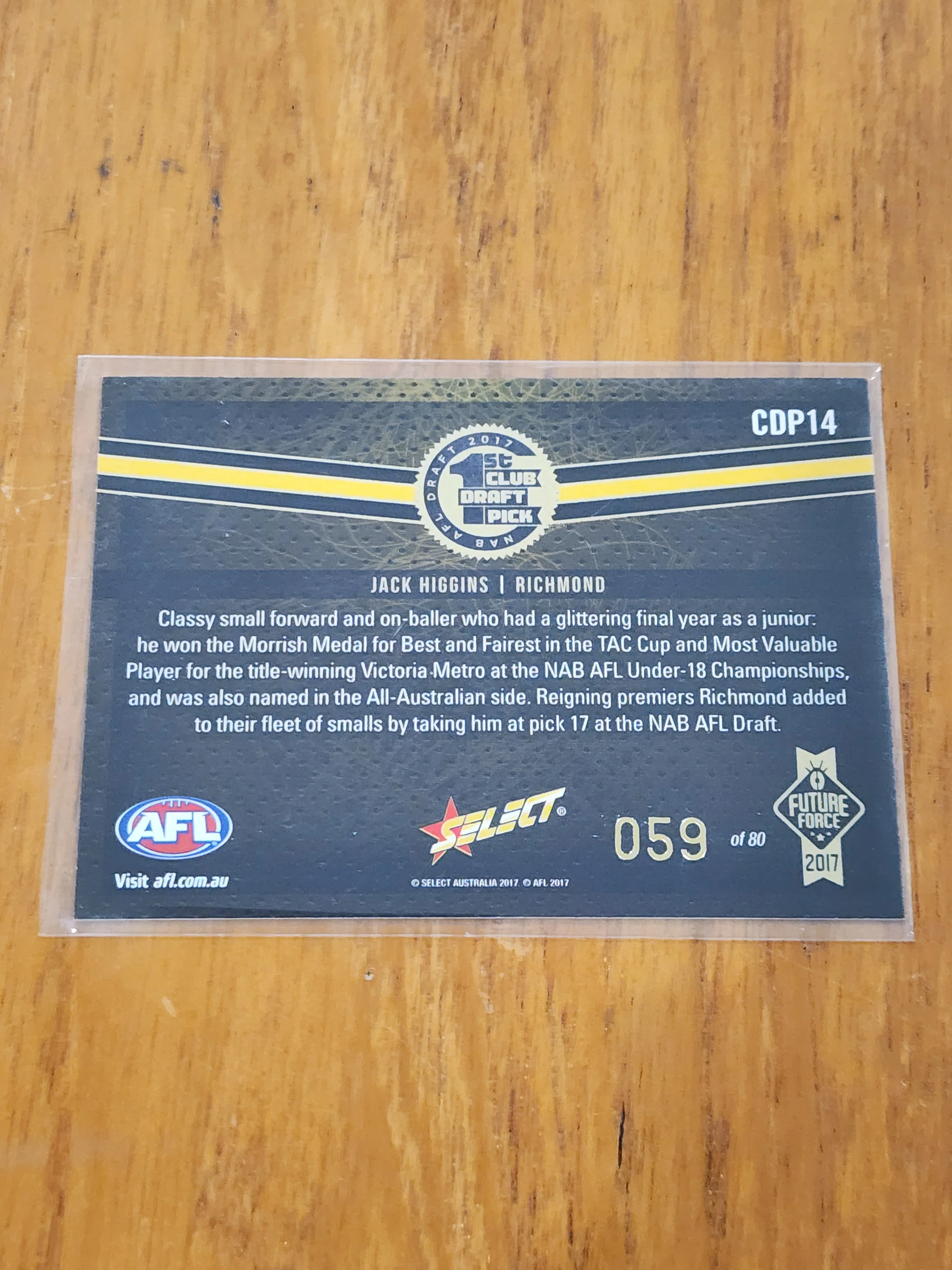 2017 AFL Select Future Force 1st Club Draft Pick and Redemption cars Jack Higgins Richmond 59/80 - Image 2
