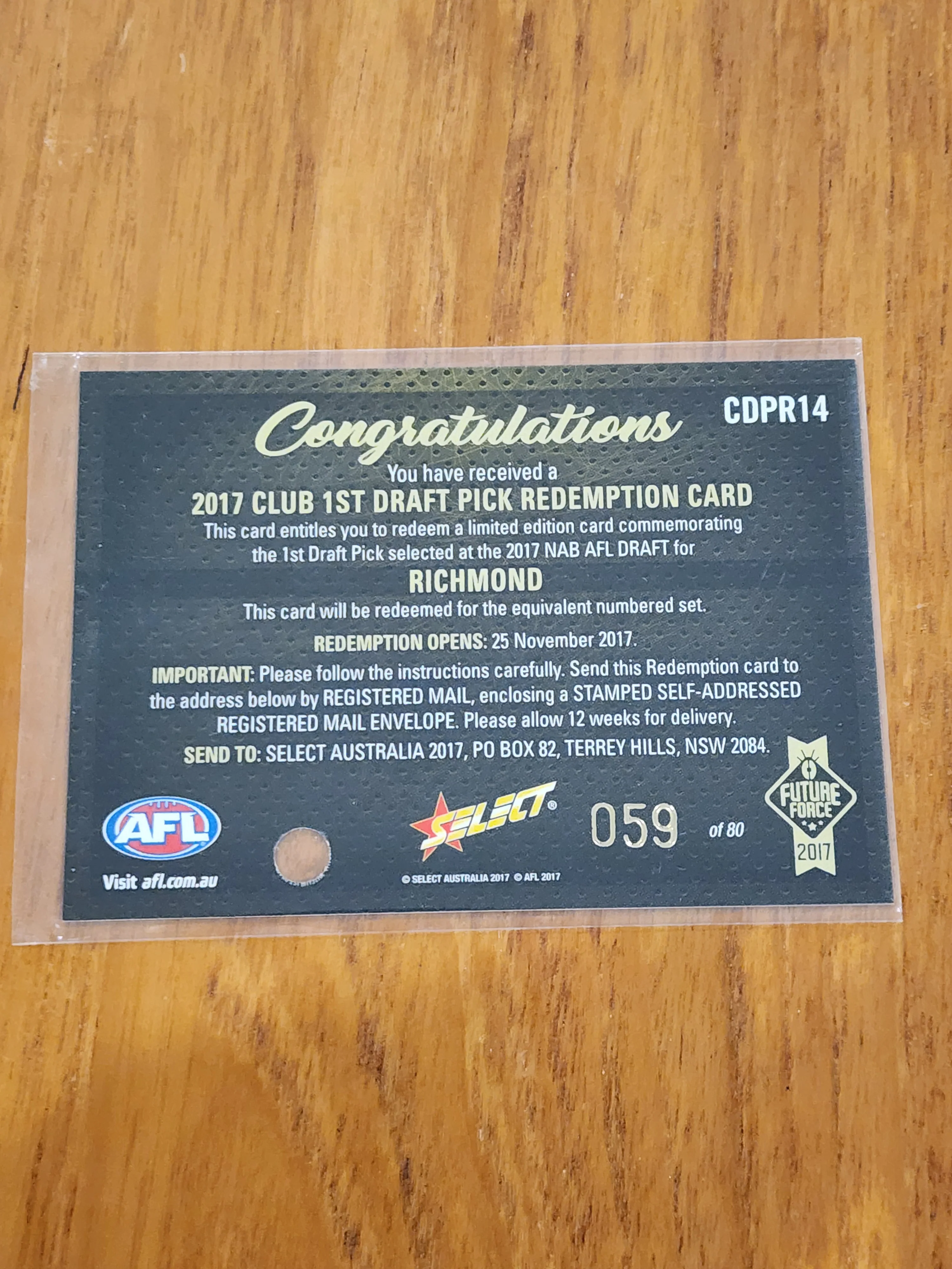 2017 AFL Select Future Force 1st Club Draft Pick and Redemption cars Jack Higgins Richmond 59/80 - Image 4