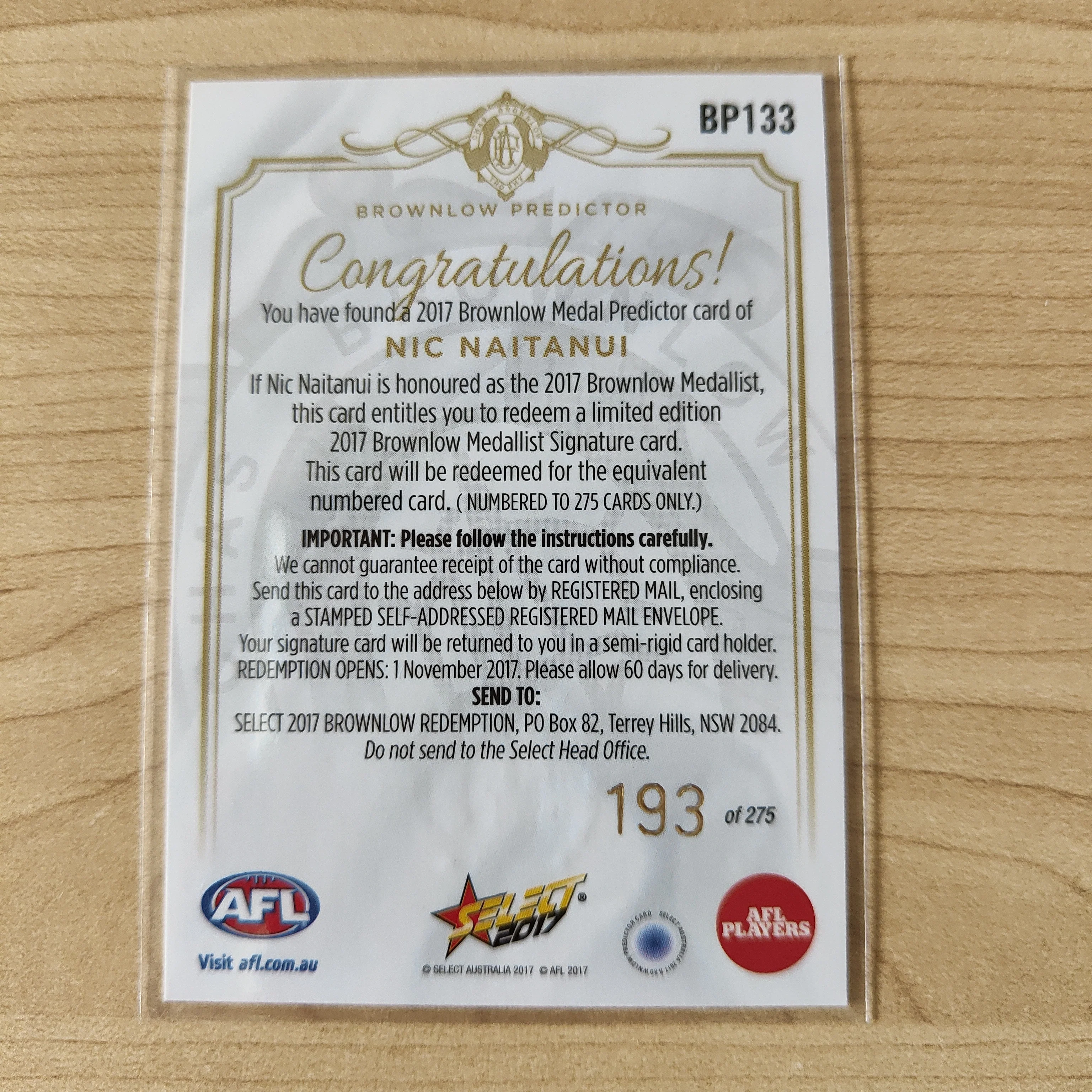 2017 Select Footy Stars Brownlow Predictor Nic Naitanui West Coast 193/275 - Image 2