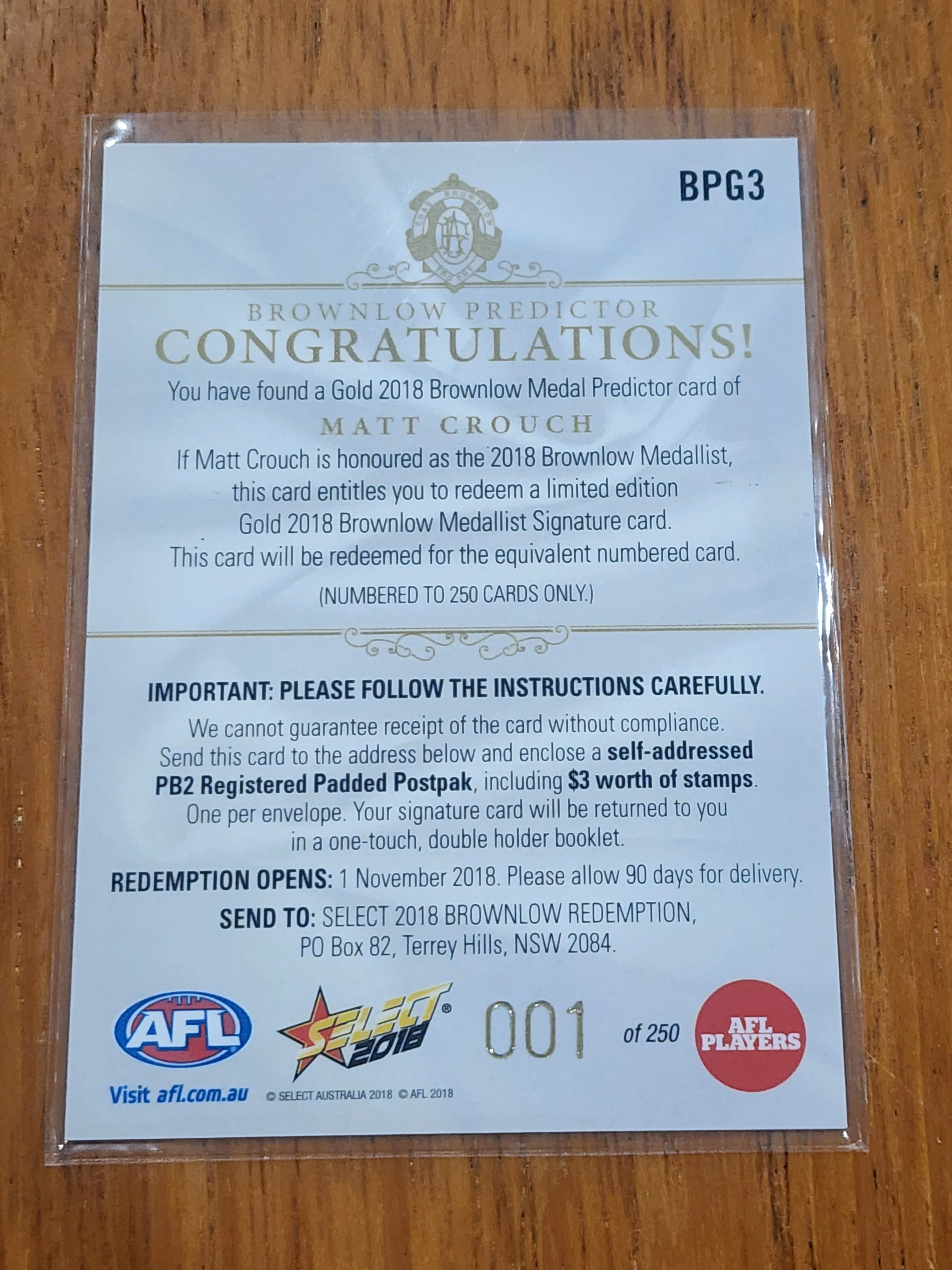 2018 AFL Select Gold Brownlow Predictor Matt Crouch Adelaide LOW 001/250 BPG3 - Image 2