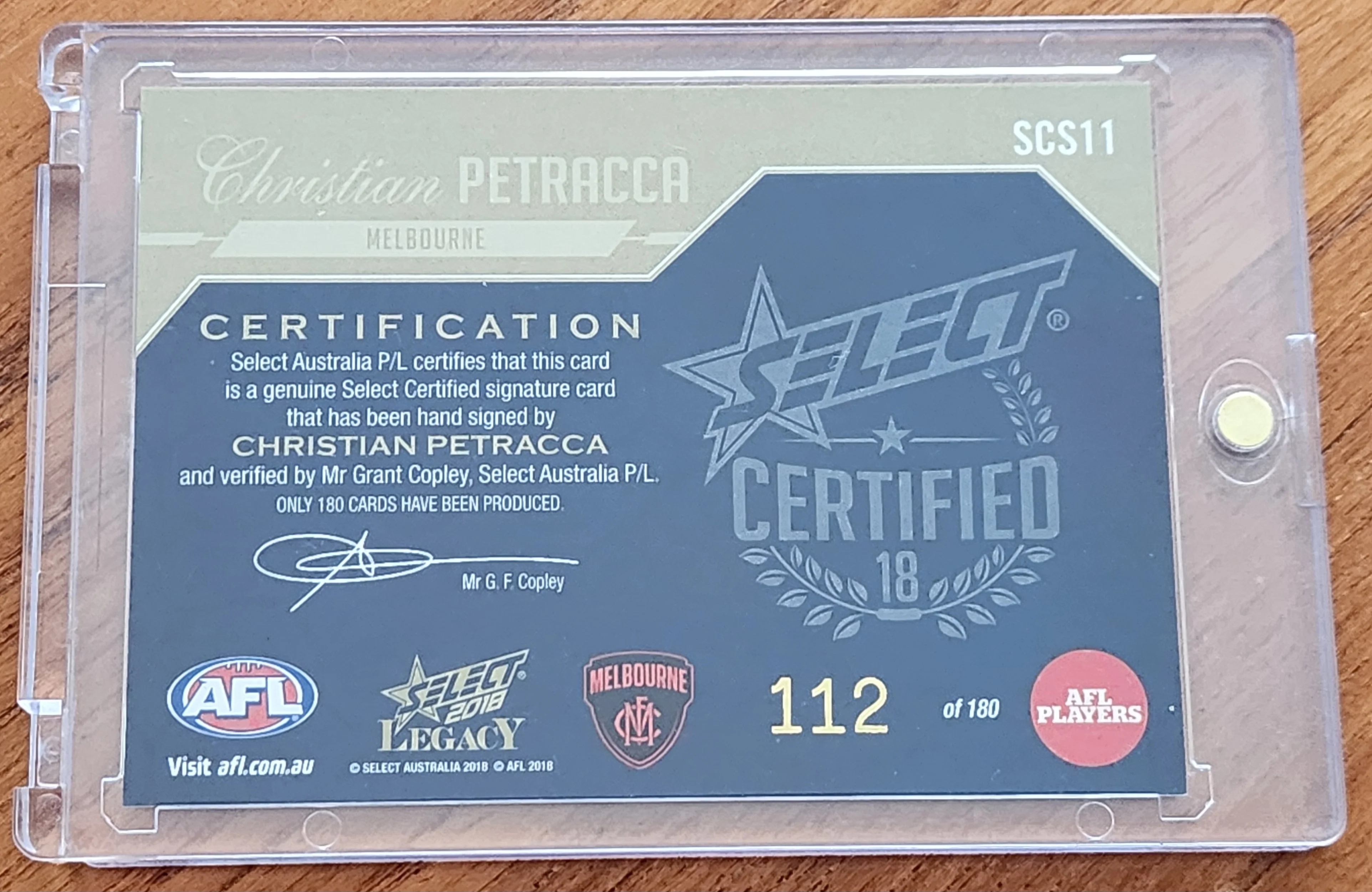 2018 AFL Select Legacy Certified Signature Christian Petracca 112/180 - Image 2