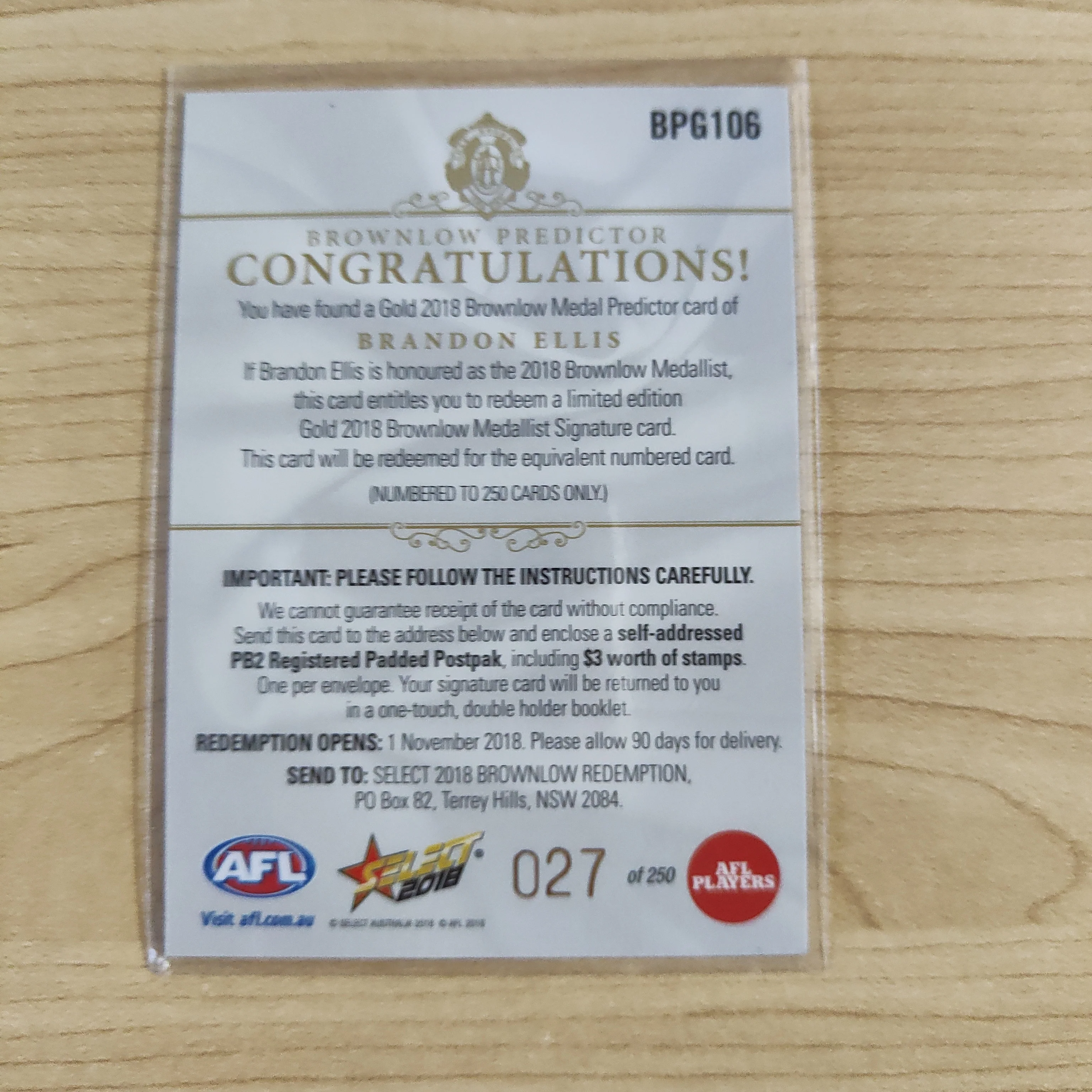 2018 Select Footy Stars Gold Brownlow Predictor Brandon Ellis Richmond 027/250 - Image 2