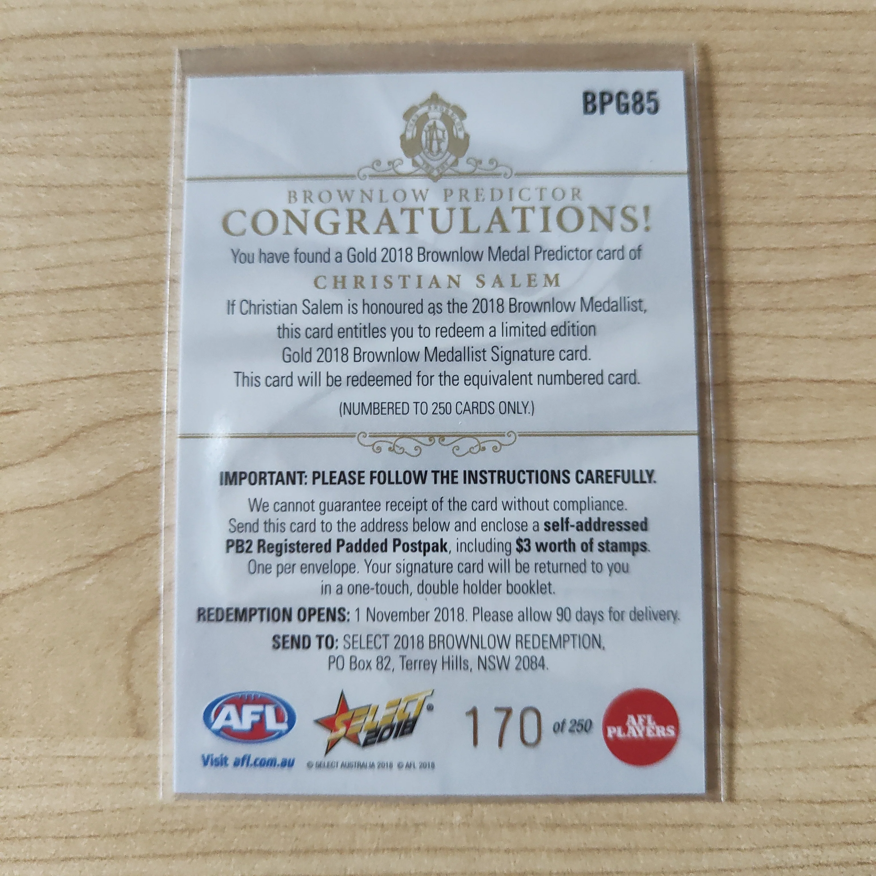 2018 Select Footy Stars Gold Brownlow Predictor Christian Salem Melbourne 170/250 - Image 2
