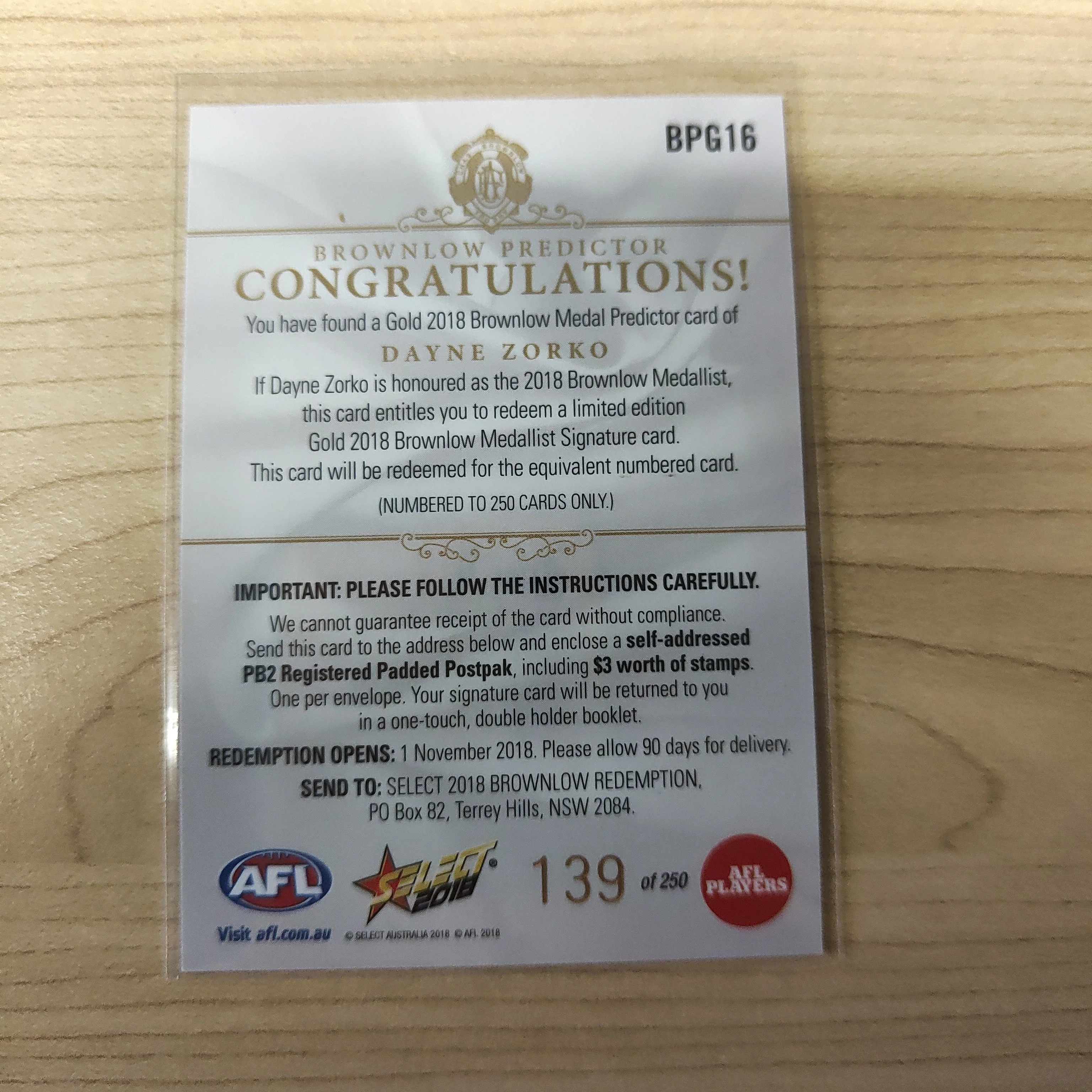 2018 Select Footy Stars Gold Brownlow Predictor Dayne Zorko Brisbane 139/250 - Image 2