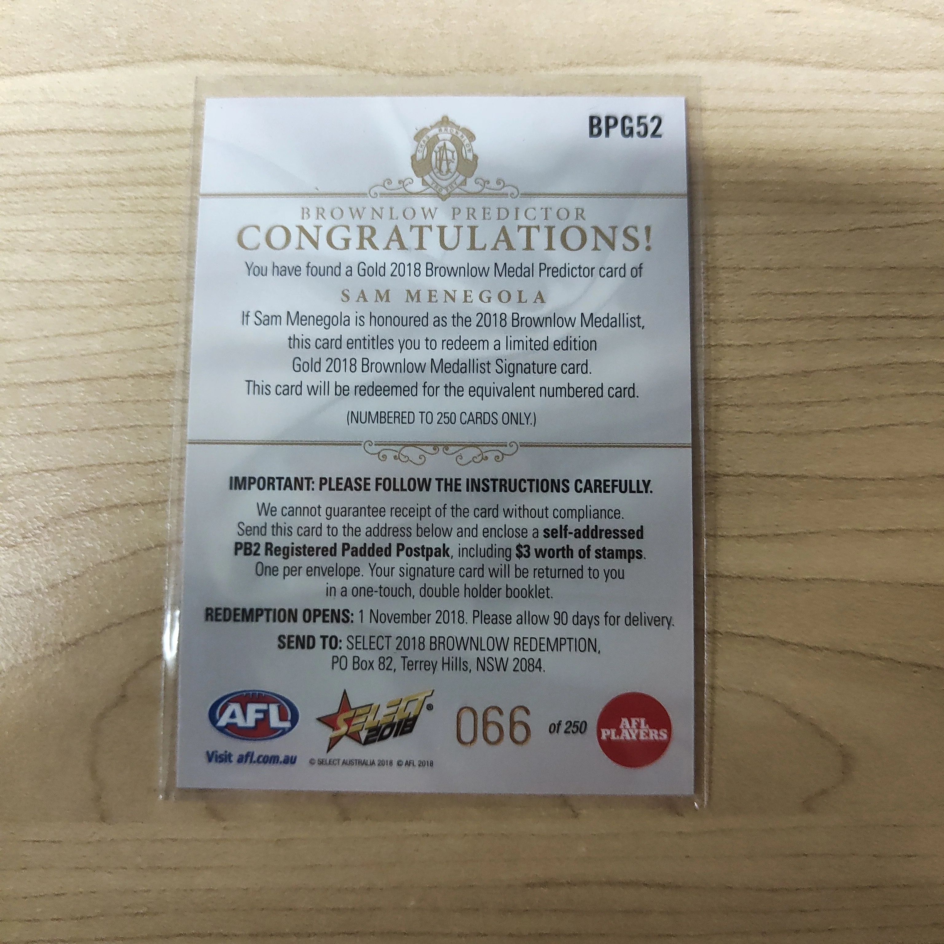 2018 Select Footy Stars Gold Brownlow Predictor Sam Menegola Geelong 066/250 - Image 2